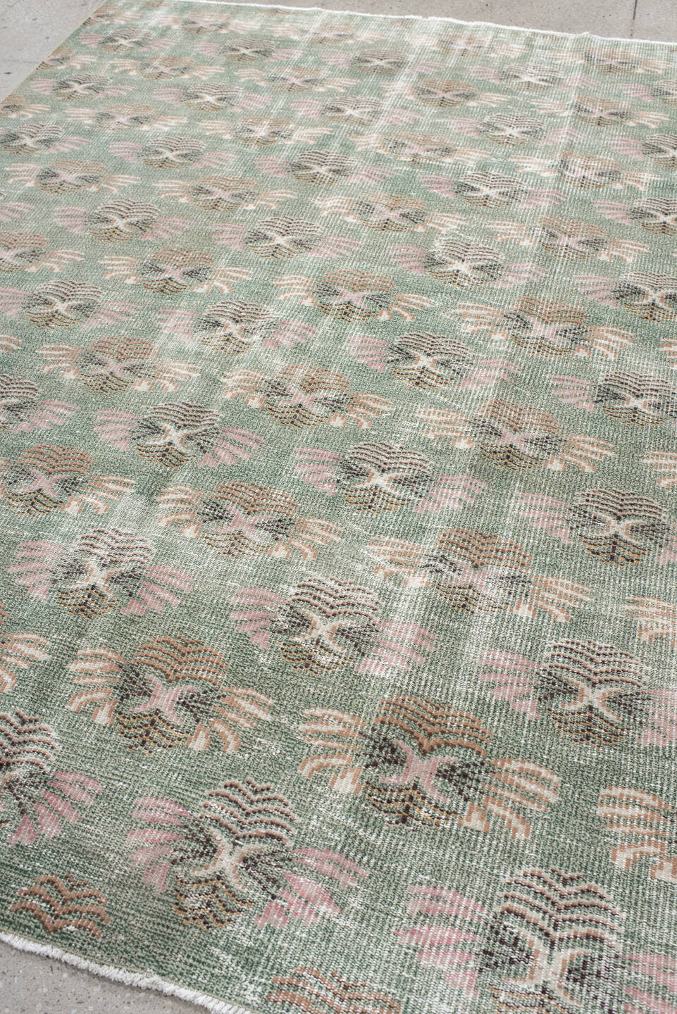 6' x 8' one-of-a-kind handmade antique Sparta medium size rug. Color palette: sage, blush, ivory, taupe, charcoal, peach
