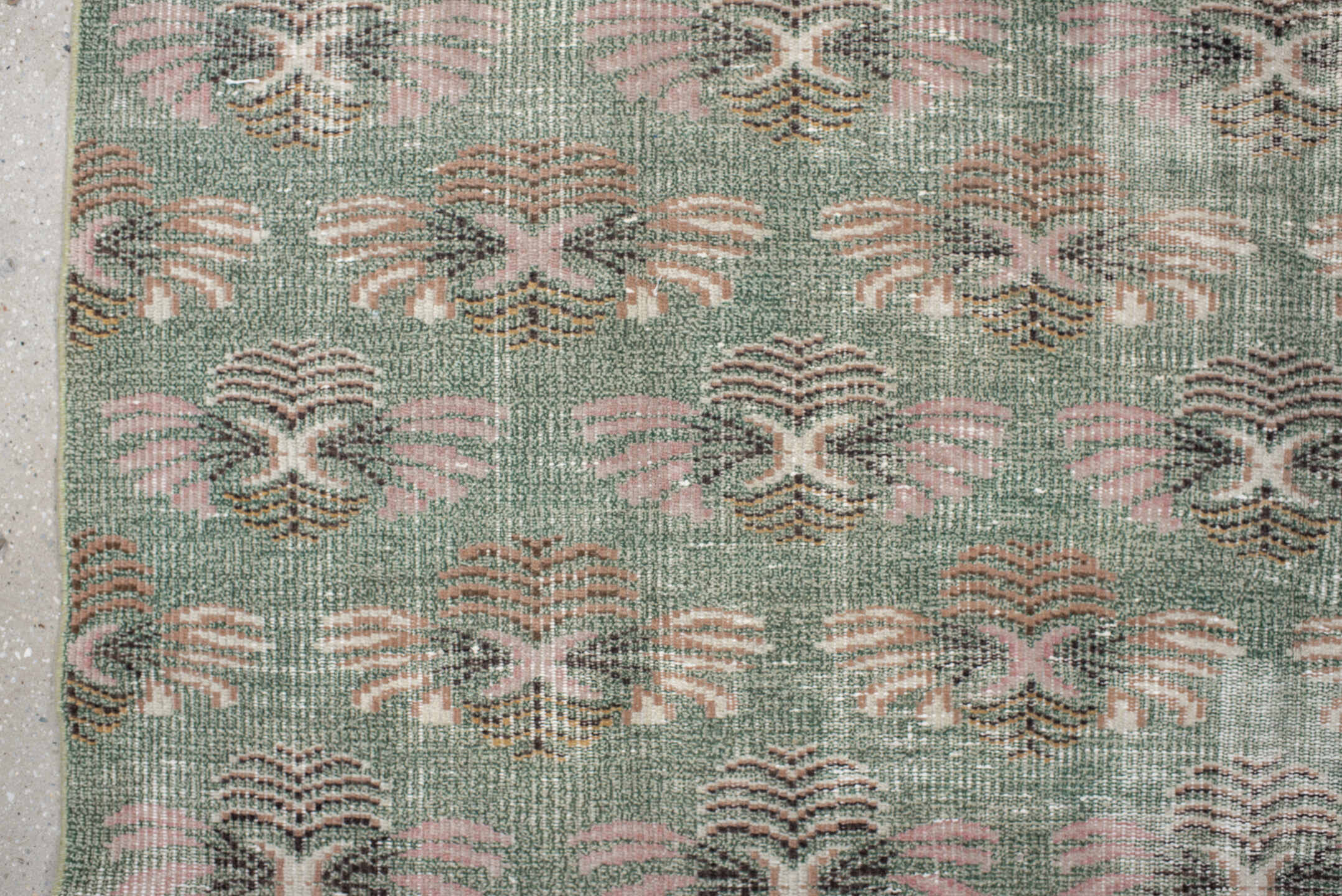 6' x 8' one-of-a-kind handmade antique Sparta medium size rug. Color palette: sage, blush, ivory, taupe, charcoal, peach