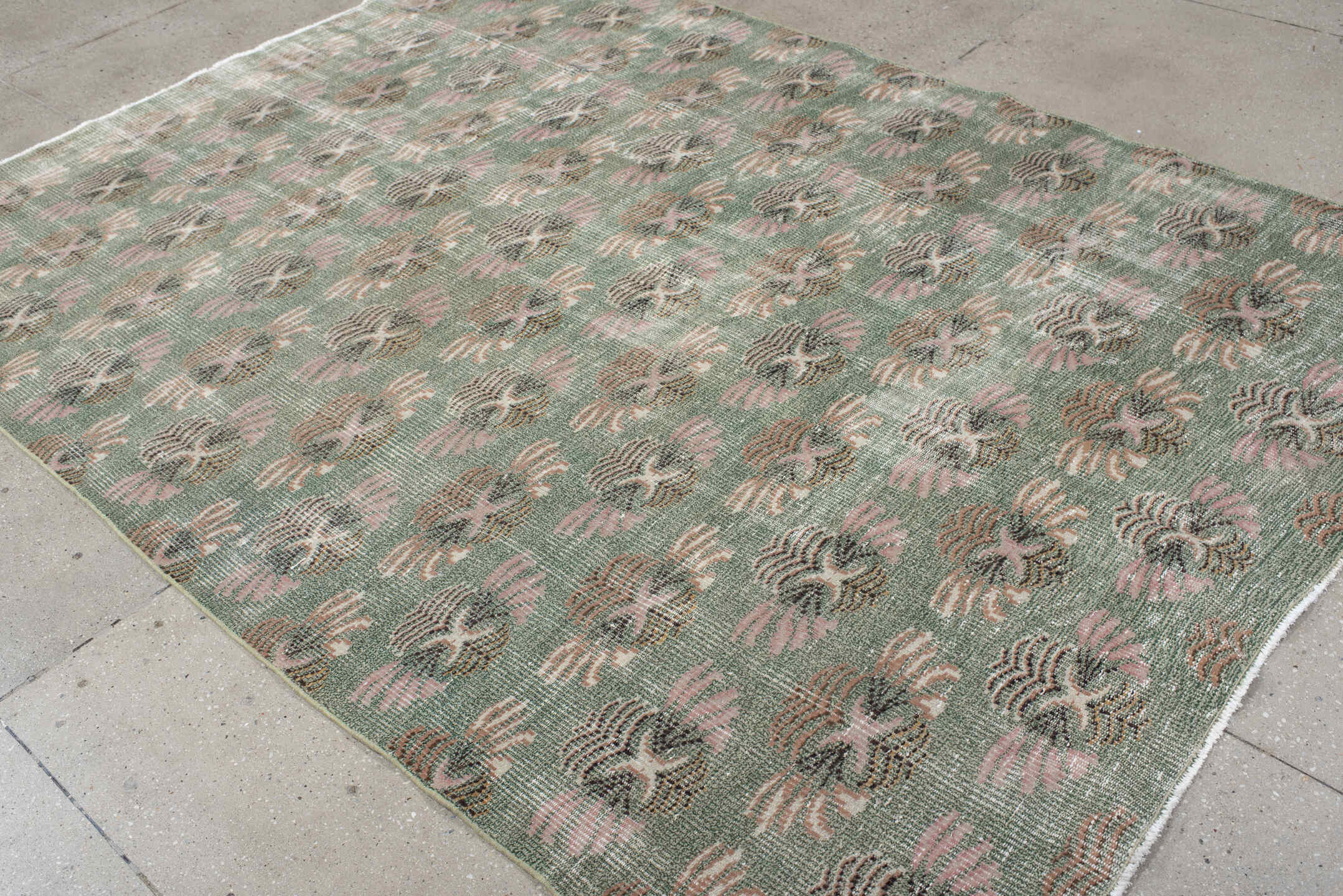 6' x 8' one-of-a-kind handmade antique Sparta medium size rug. Color palette: sage, blush, ivory, taupe, charcoal, peach