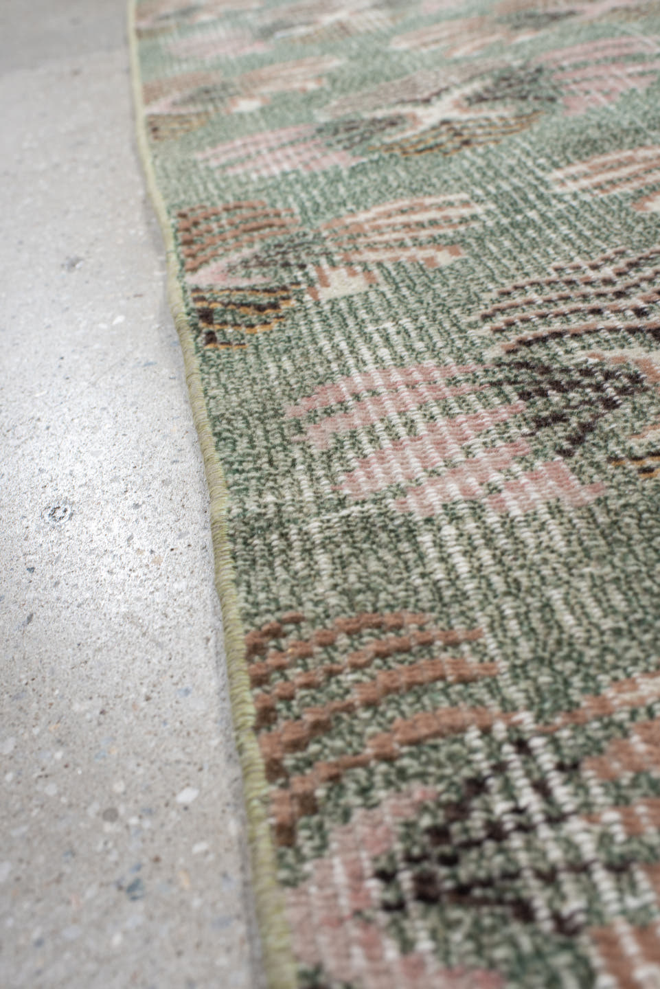 6' x 8' one-of-a-kind handmade antique Sparta medium size rug. Color palette: sage, blush, ivory, taupe, charcoal, peach