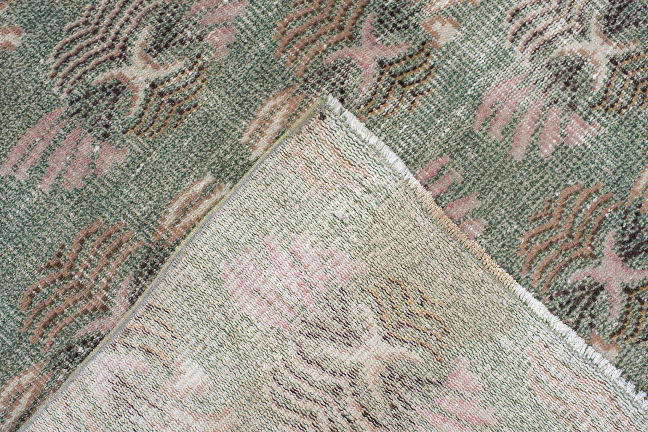 6' x 8' one-of-a-kind handmade antique Sparta medium size rug. Color palette: sage, blush, ivory, taupe, charcoal, peach