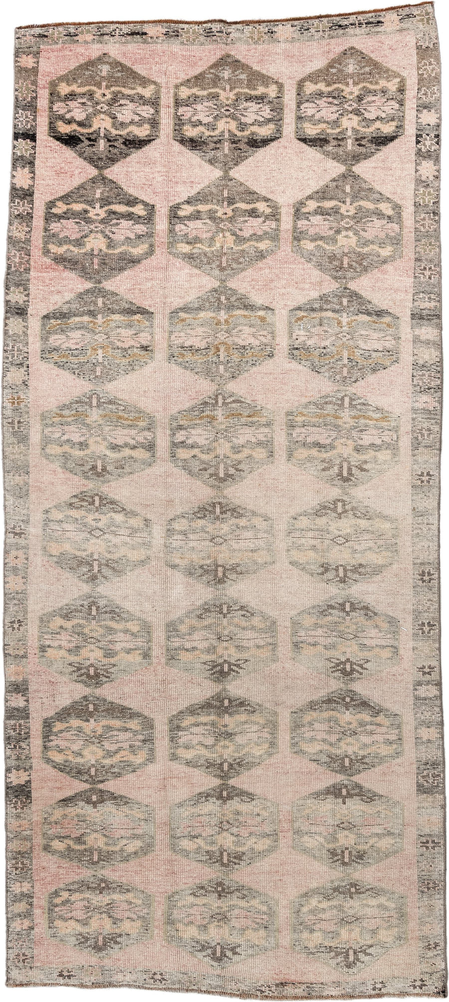 4' x 9' one-of-a-kind handmade vintage Kars runner rug. Color palette: blush, gray, ivory, taupe, charcoal, beige, pink