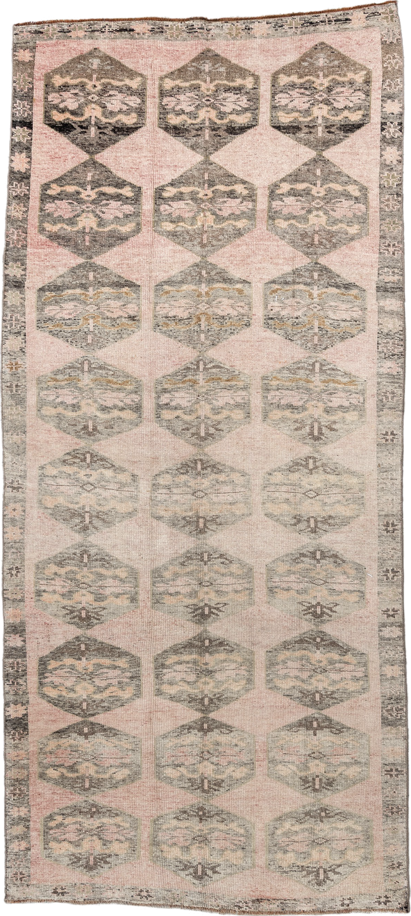 4' x 9' one-of-a-kind handmade vintage Kars runner rug. Color palette: brown, gray, light gray, off-white, orange, pink