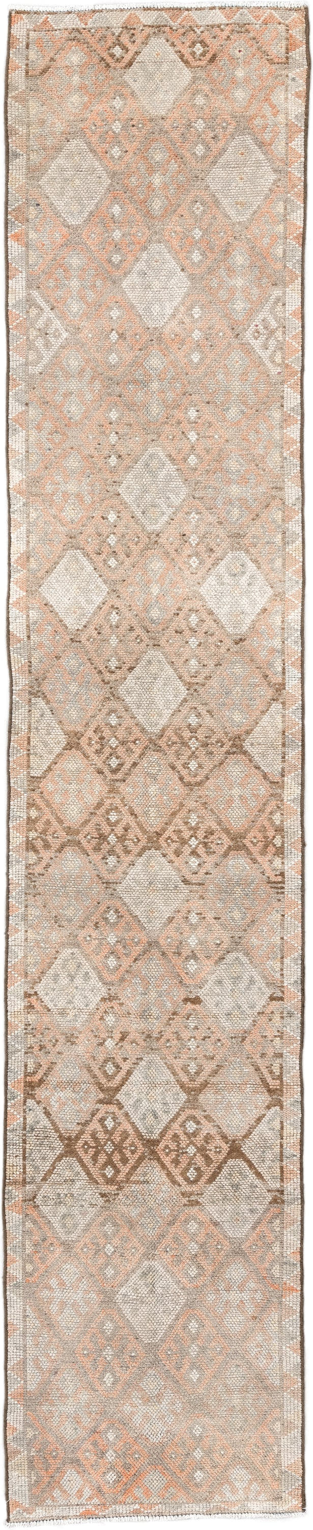 2' x 13' one-of-a-kind handmade vintage Kars runner rug. Color palette: ivory, taupe, blush, camel, sand, brown, beige, gray