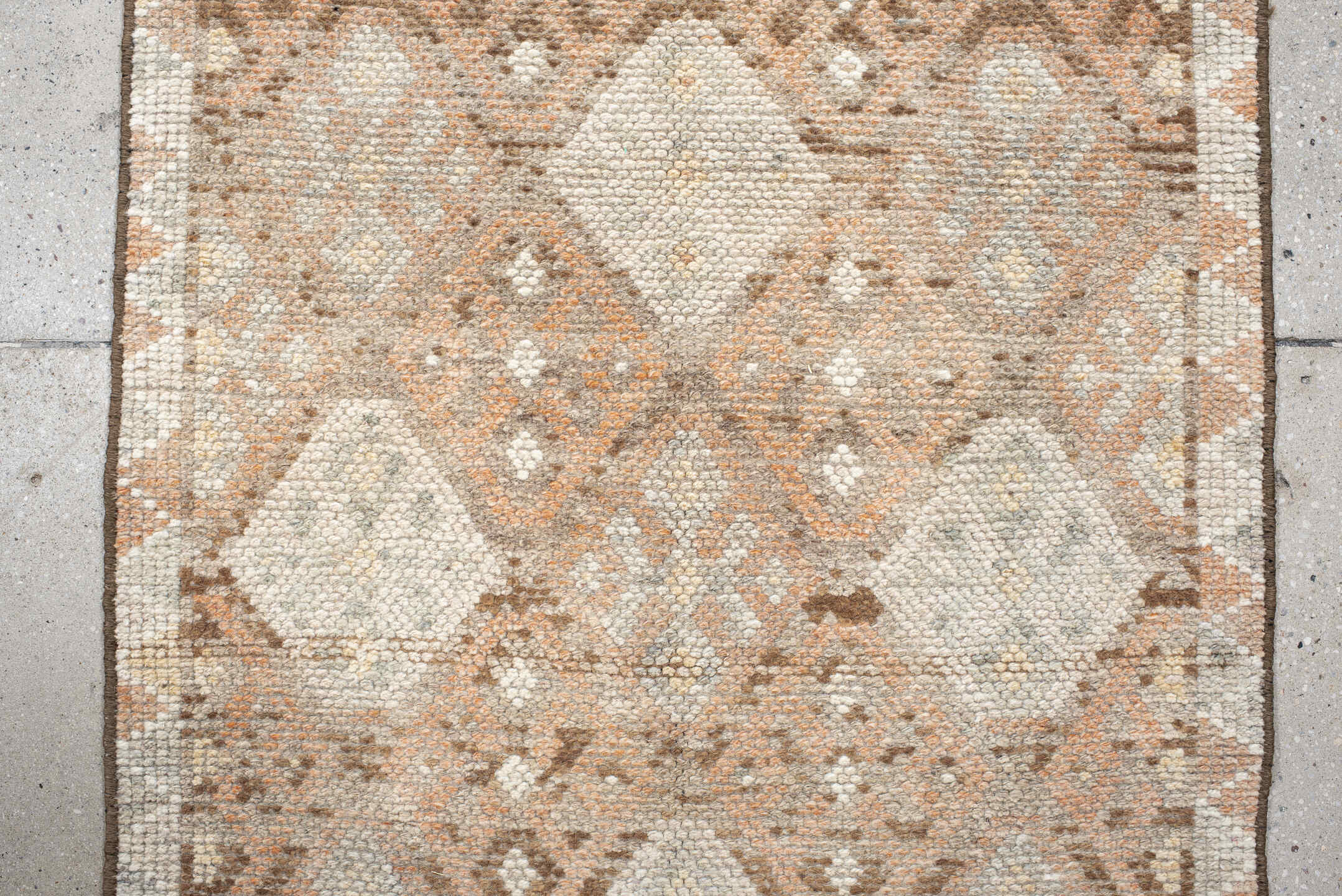 2' x 13' one-of-a-kind handmade vintage Kars runner rug. Color palette: ivory, taupe, blush, camel, sand, brown, beige, gray