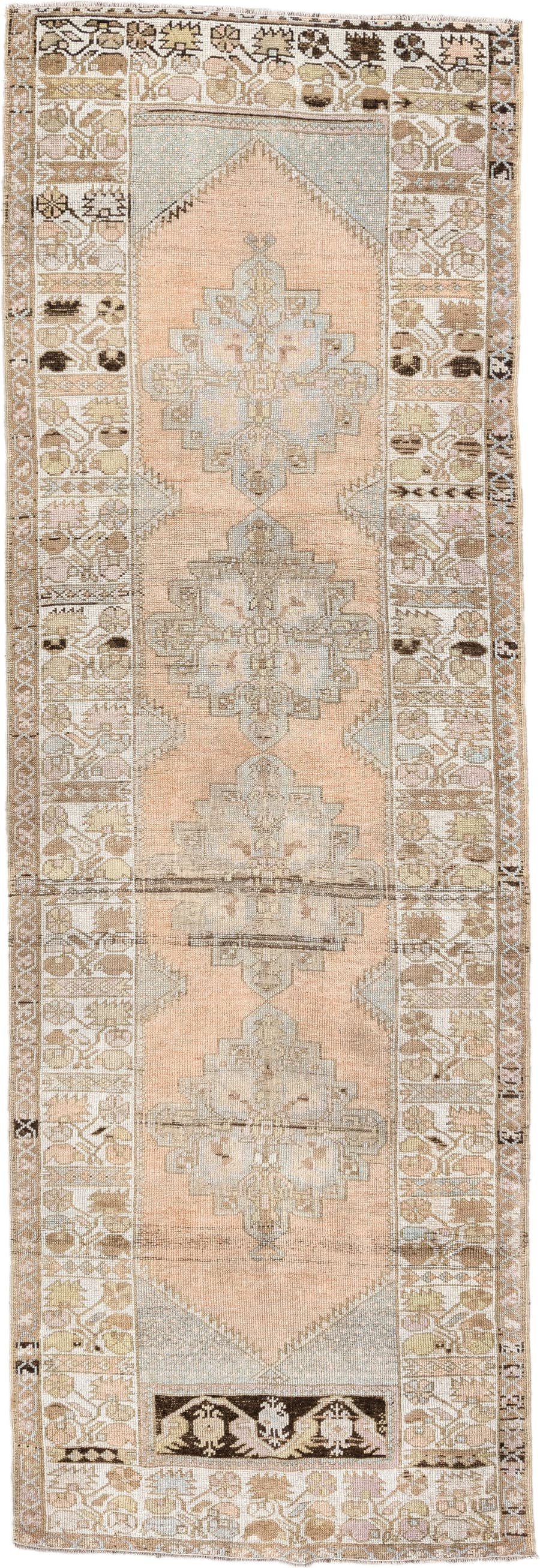 3' x 10' one-of-a-kind handmade vintage Oushak runner rug. Color palette: peach, ivory, taupe, sage, camel, charcoal, cream