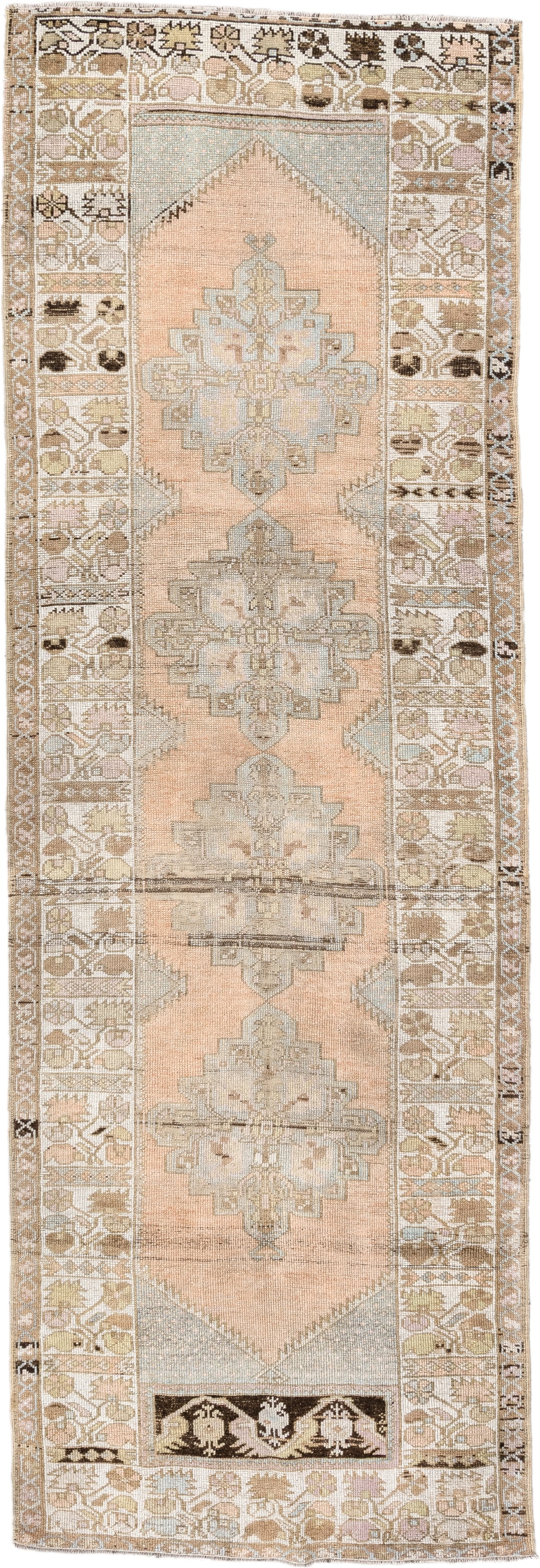 3' x 10' one-of-a-kind handmade vintage Oushak runner rug. Color palette: peach, ivory, taupe, sage, camel, charcoal, cream