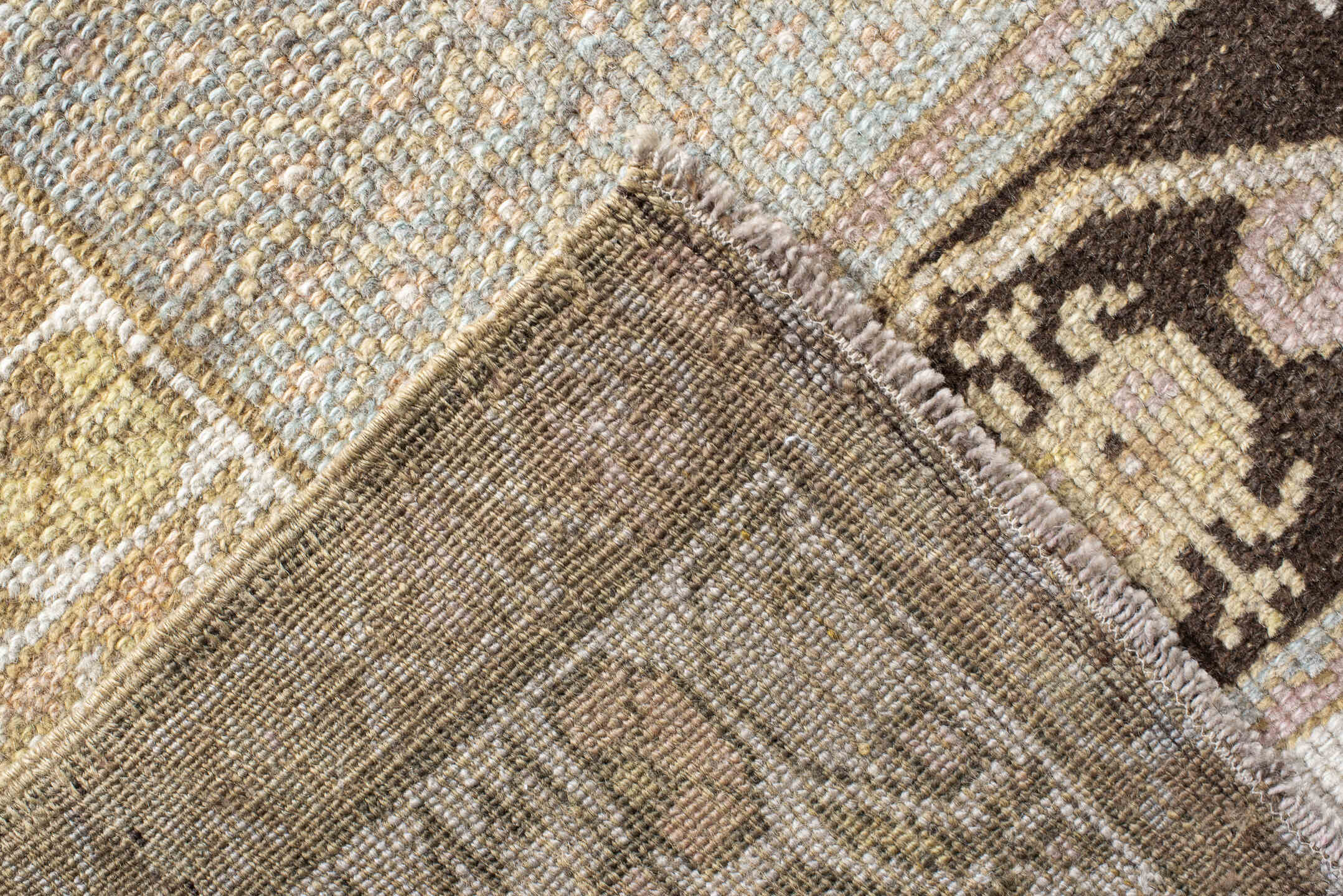 3' x 10' one-of-a-kind handmade vintage Oushak runner rug. Color palette: peach, ivory, taupe, sage, camel, charcoal, cream