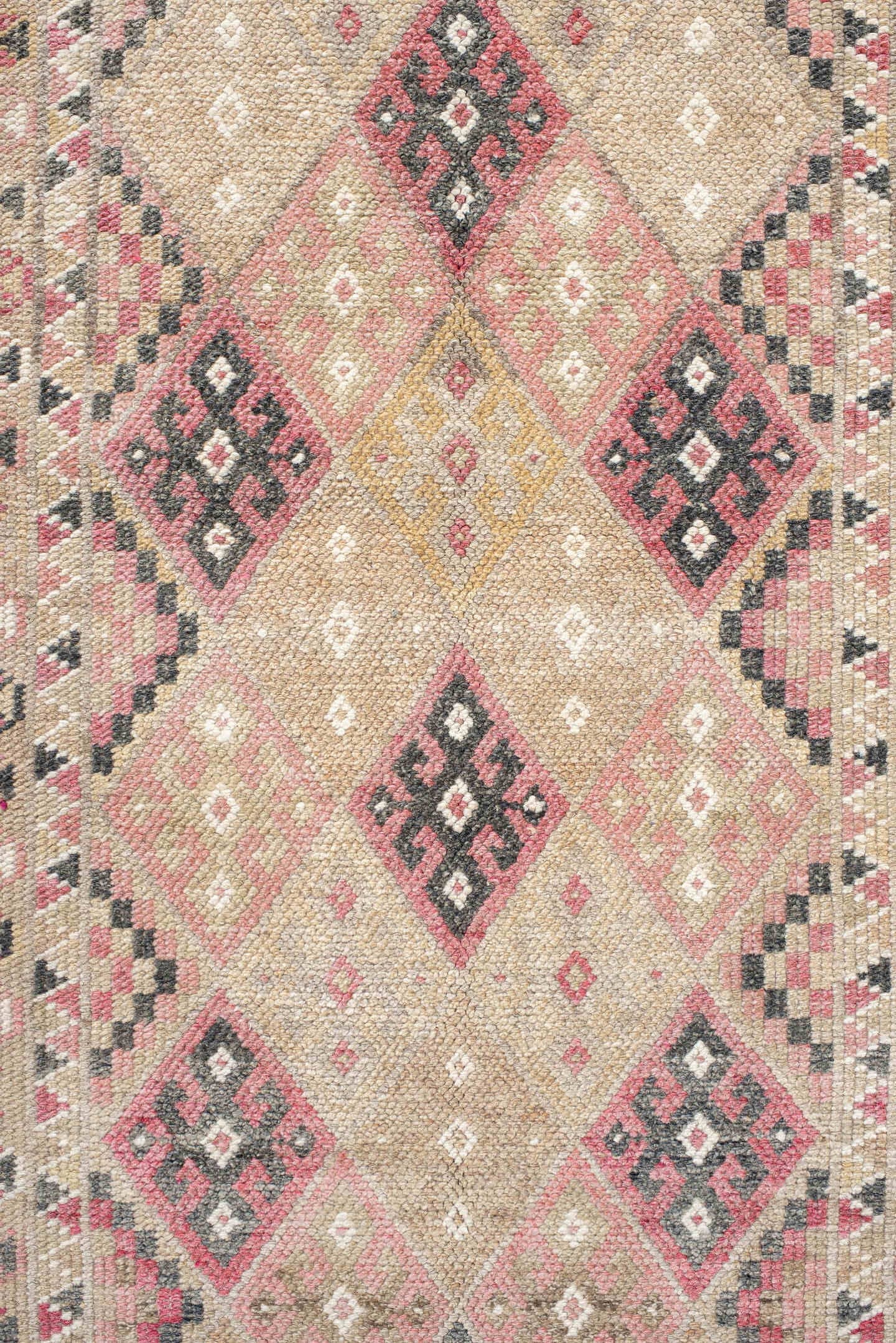 2' x 10' one-of-a-kind handmade vintage Kars runner rug. Color palette: ivory, rose, rust, charcoal, taupe, blush, pink, red