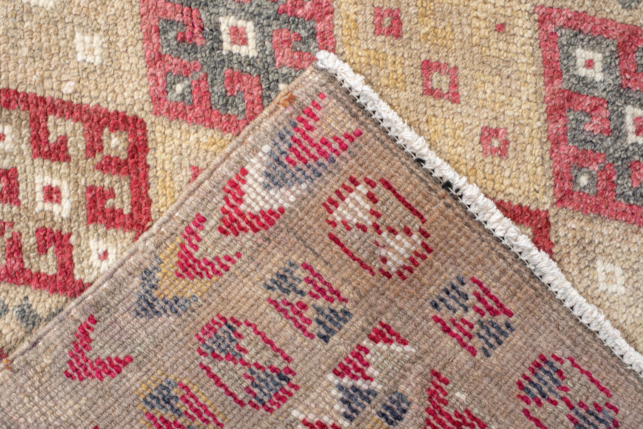 2' x 10' one-of-a-kind handmade vintage Kars runner rug. Color palette: antiquewhite, blanched almond, brown, dim gray, gray