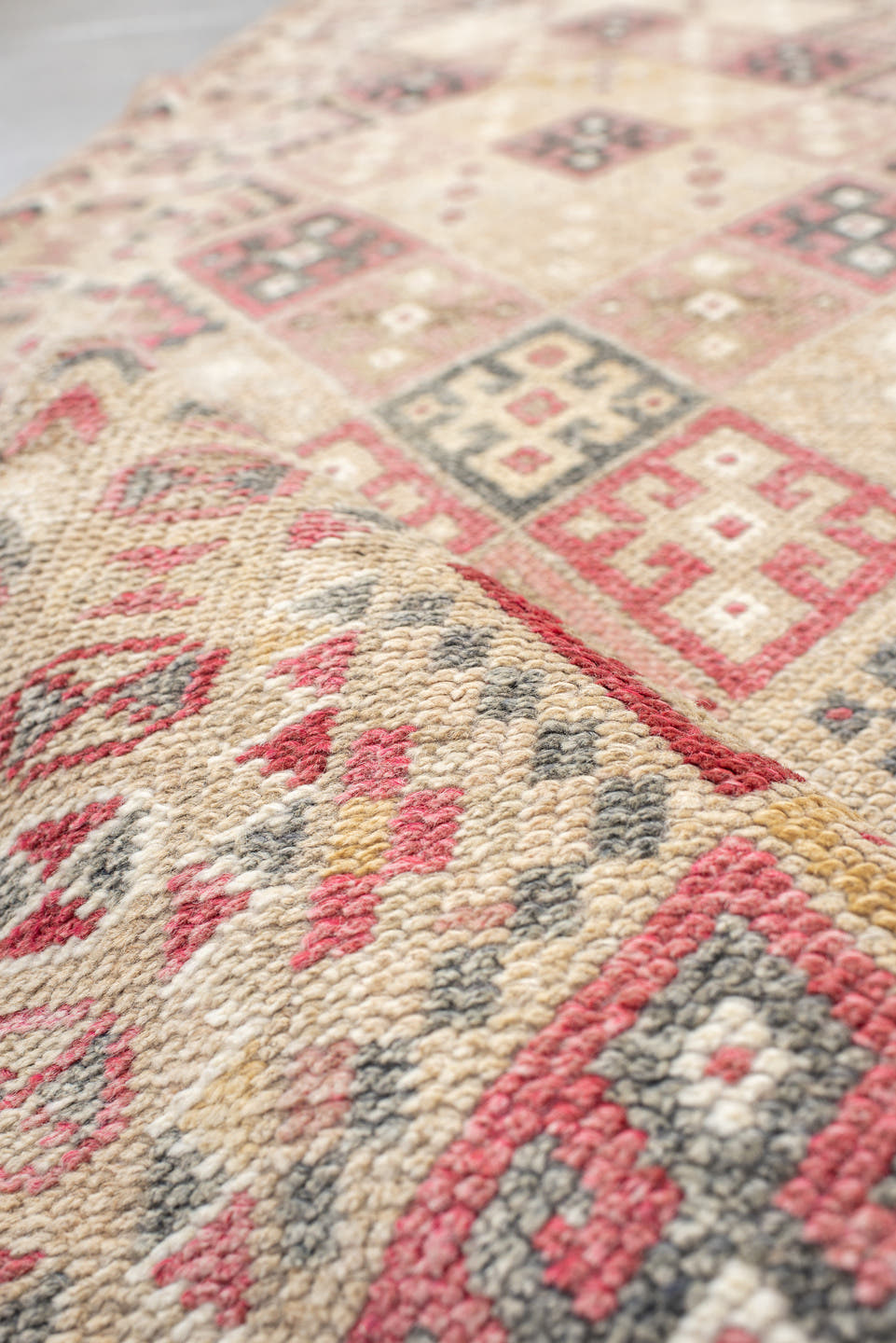 2' x 10' one-of-a-kind handmade vintage Kars runner rug. Color palette: ivory, rose, rust, charcoal, taupe, blush, pink, red