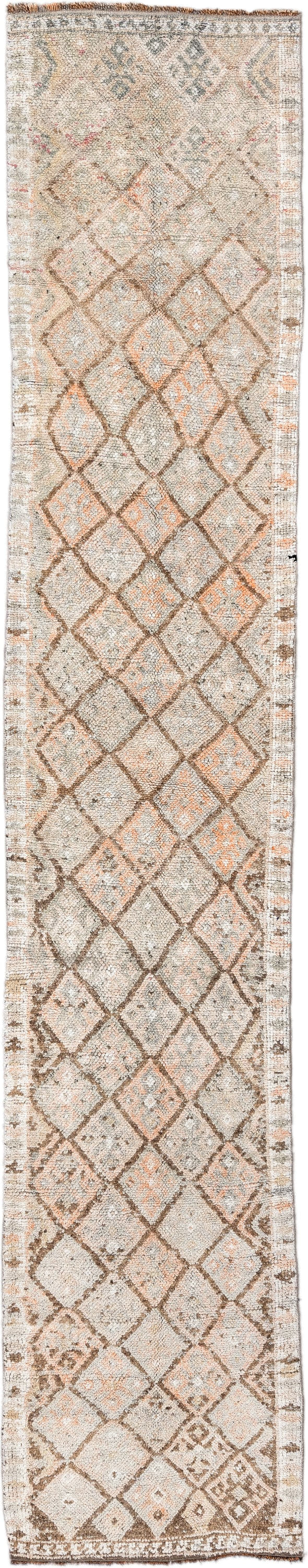 2' x 13' one-of-a-kind handmade vintage Kars runner rug. Color palette: ivory, taupe, camel, peach, brown, beige, gray