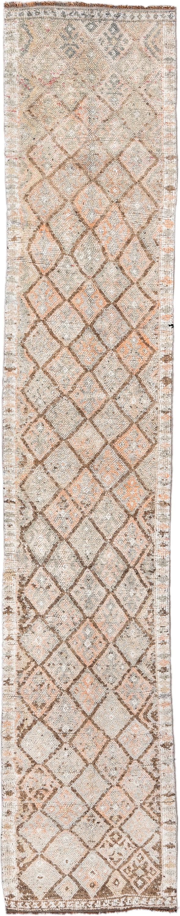 2' x 13' one-of-a-kind handmade vintage Kars runner rug. Color palette: ivory, taupe, camel, peach, brown, beige, gray