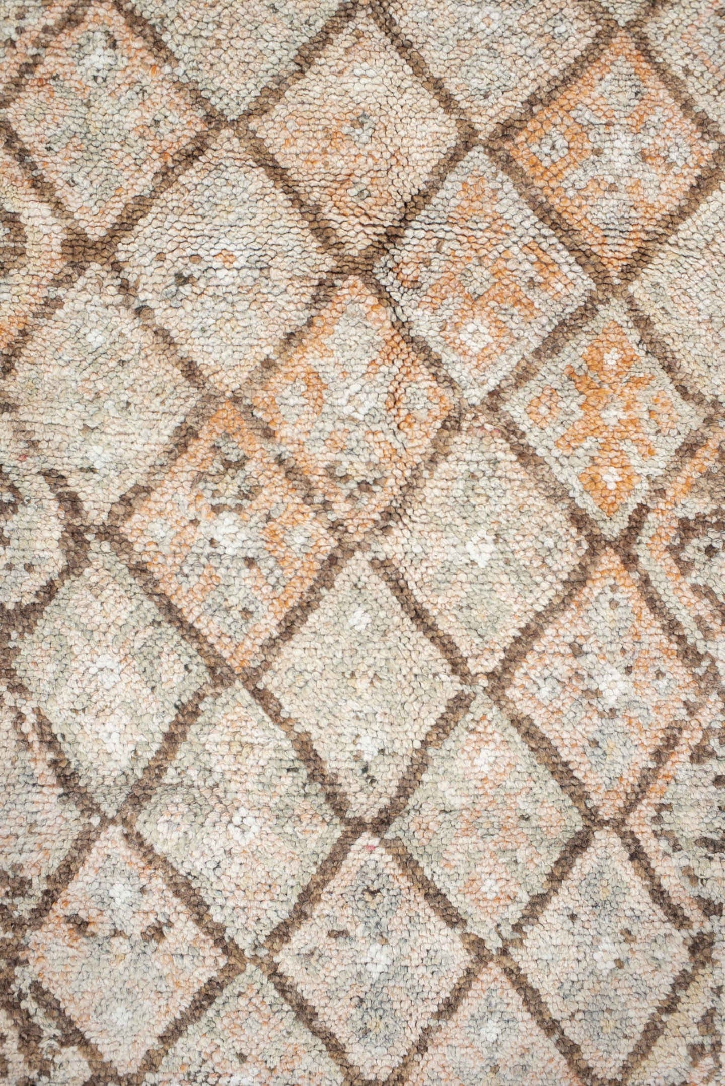 2' x 13' one-of-a-kind handmade vintage Kars runner rug. Color palette: ivory, taupe, camel, peach, brown, beige, gray