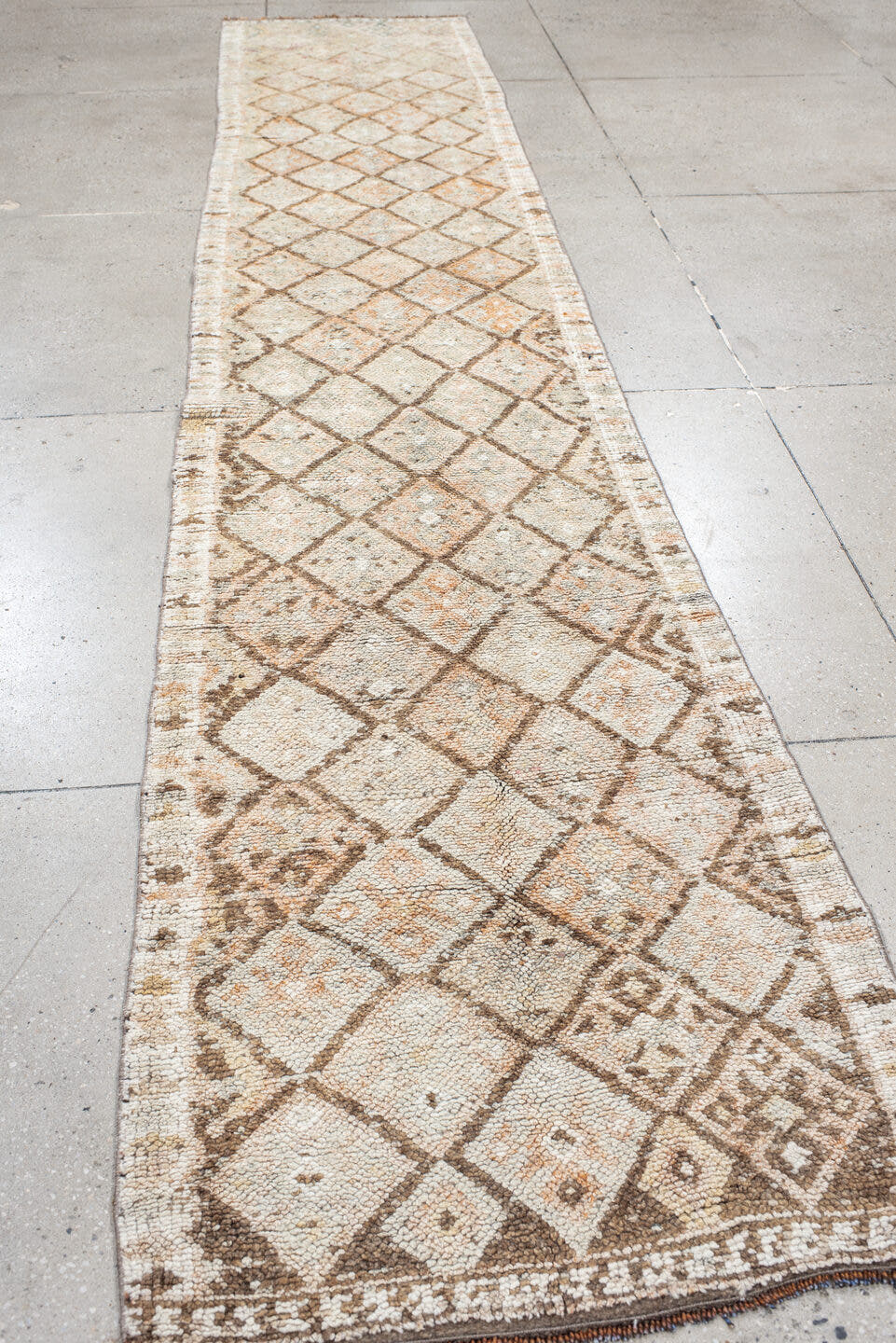2' x 13' one-of-a-kind handmade vintage Kars runner rug. Color palette: ivory, taupe, camel, peach, brown, beige, gray