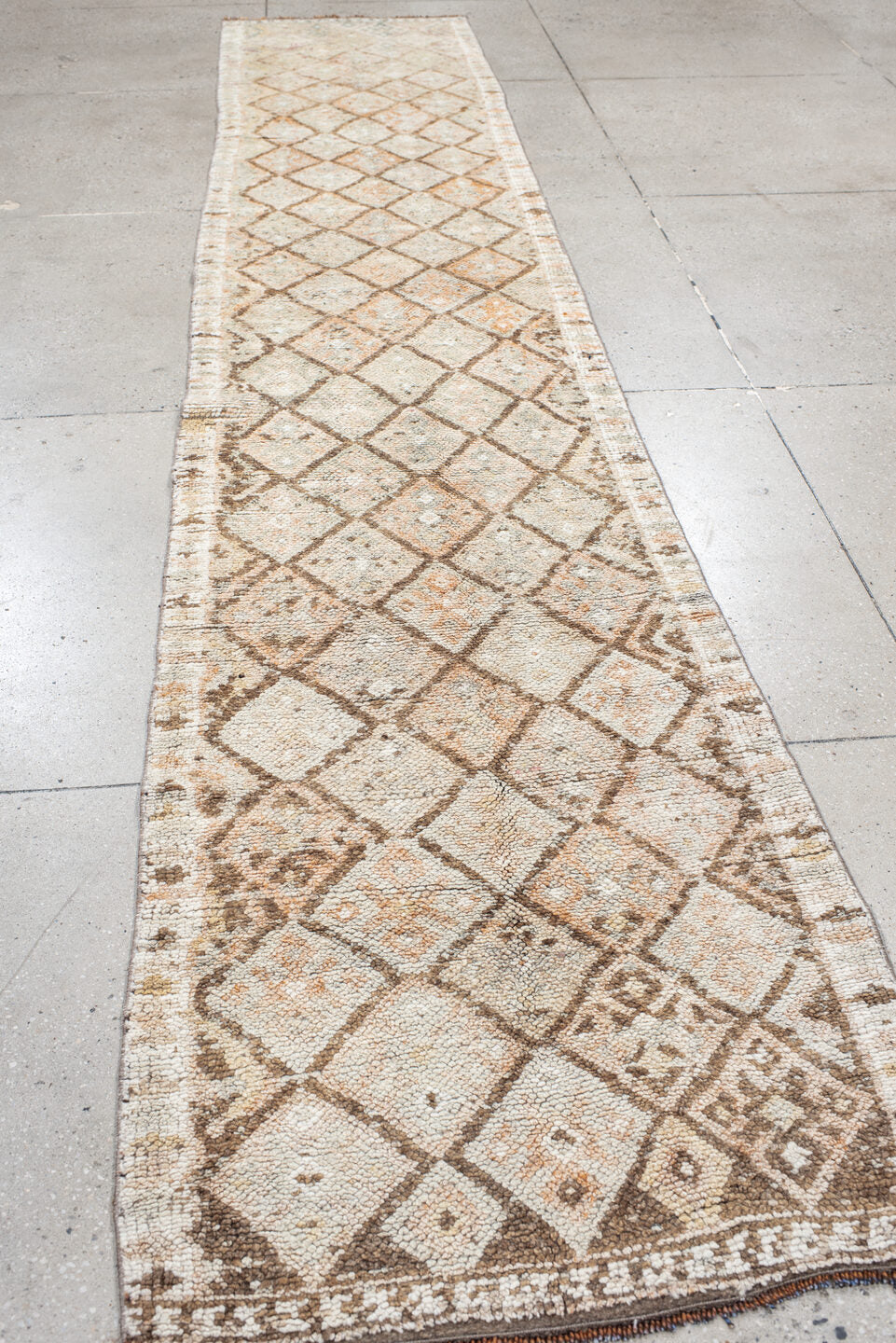 2' x 13' one-of-a-kind handmade vintage Kars runner rug. Color palette: ivory, taupe, camel, peach, brown, beige, gray