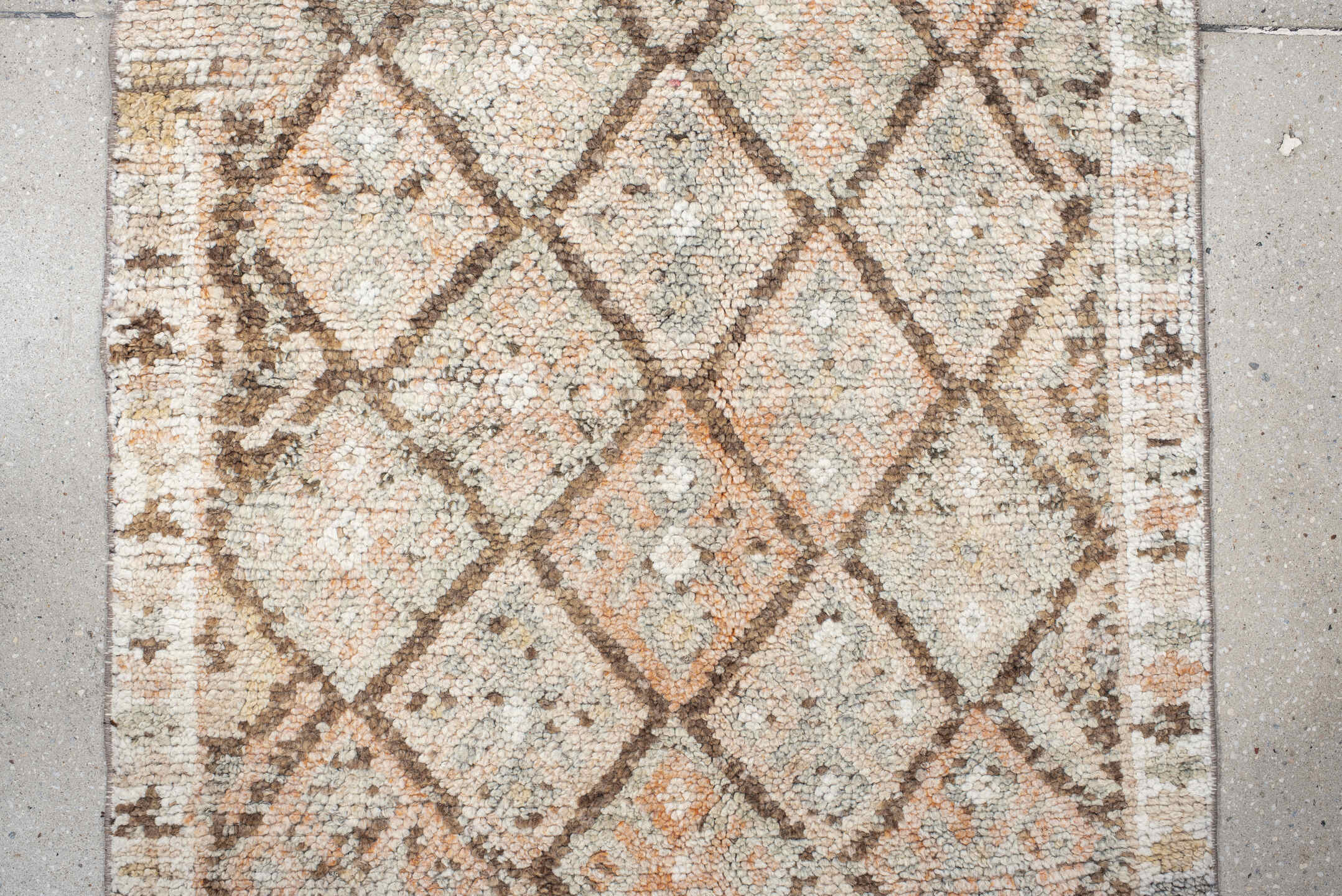 2' x 13' one-of-a-kind handmade vintage Kars runner rug. Color palette: ivory, taupe, camel, peach, brown, beige, gray