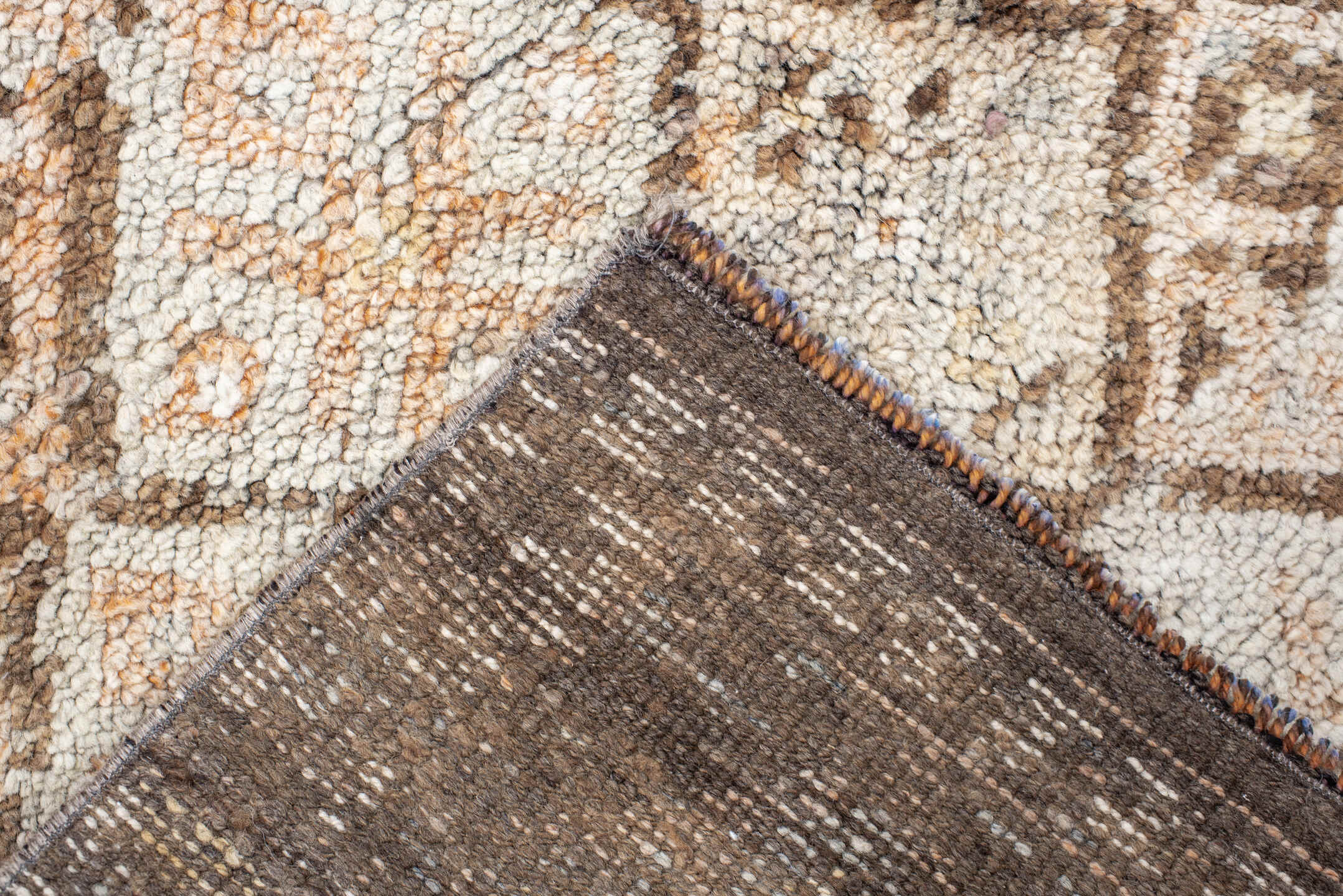 2' x 13' one-of-a-kind handmade vintage Kars runner rug. Color palette: ivory, taupe, camel, peach, brown, beige, gray