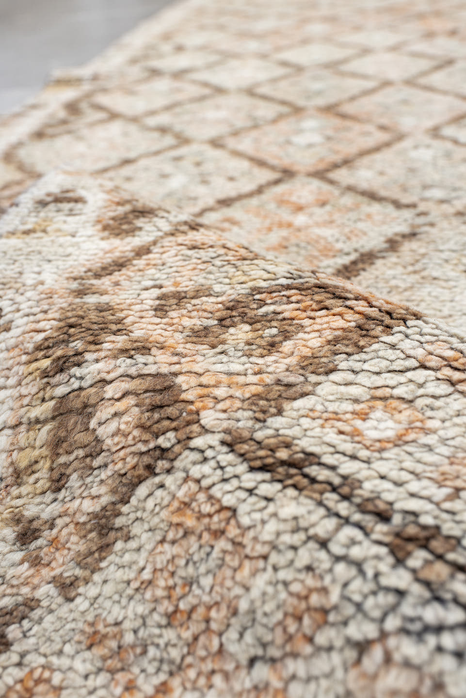 2' x 13' one-of-a-kind handmade vintage Kars runner rug. Color palette: ivory, taupe, camel, peach, brown, beige, gray