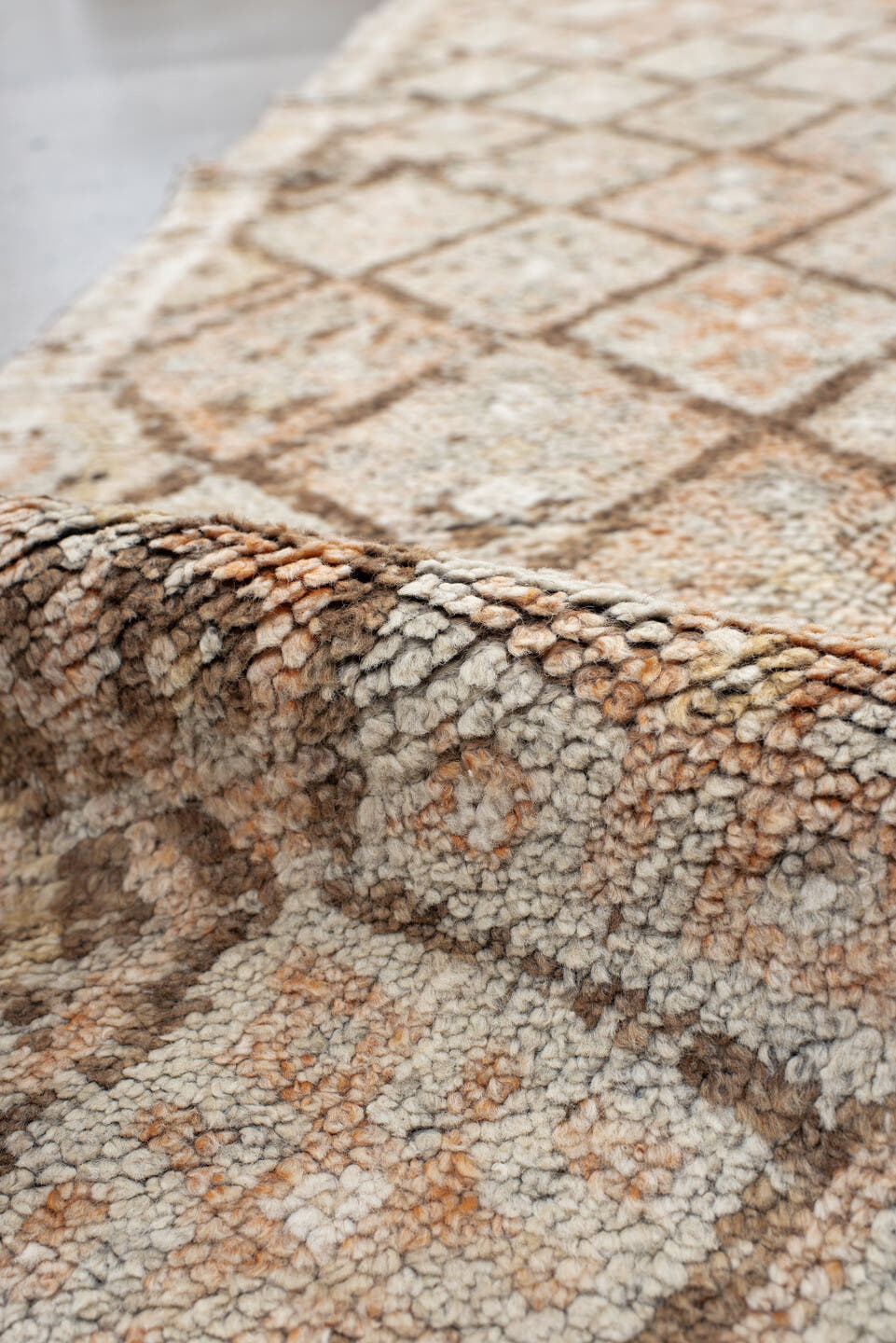 2' x 13' one-of-a-kind handmade vintage Kars runner rug. Color palette: ivory, taupe, camel, peach, brown, beige, gray