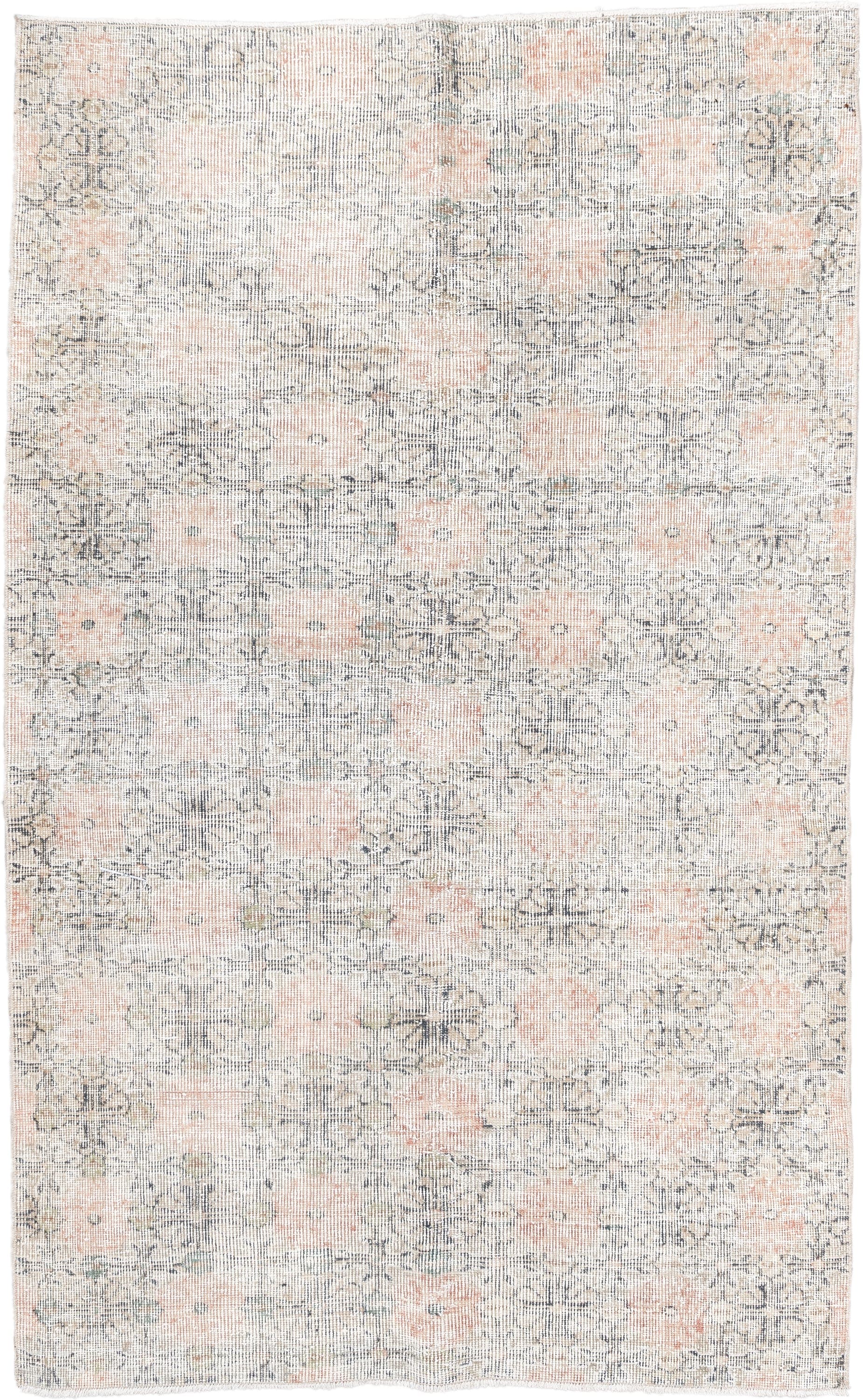 4' x 6' one-of-a-kind handmade vintage Sparta small size rug. Color palette: ivory, gray, blush, taupe, pewter, pink, beige