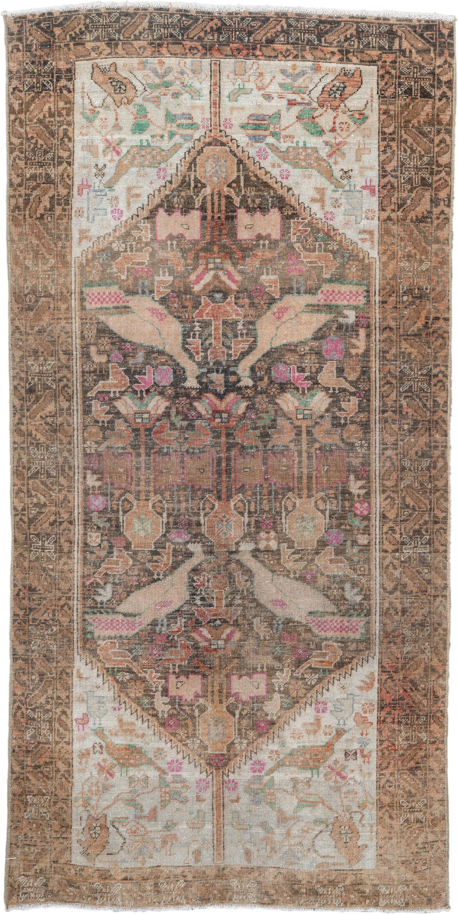 2' x 4' one-of-a-kind handmade vintage Belouch small size rug. Color palette: brown, ivory, camel, rose, aqua, taupe