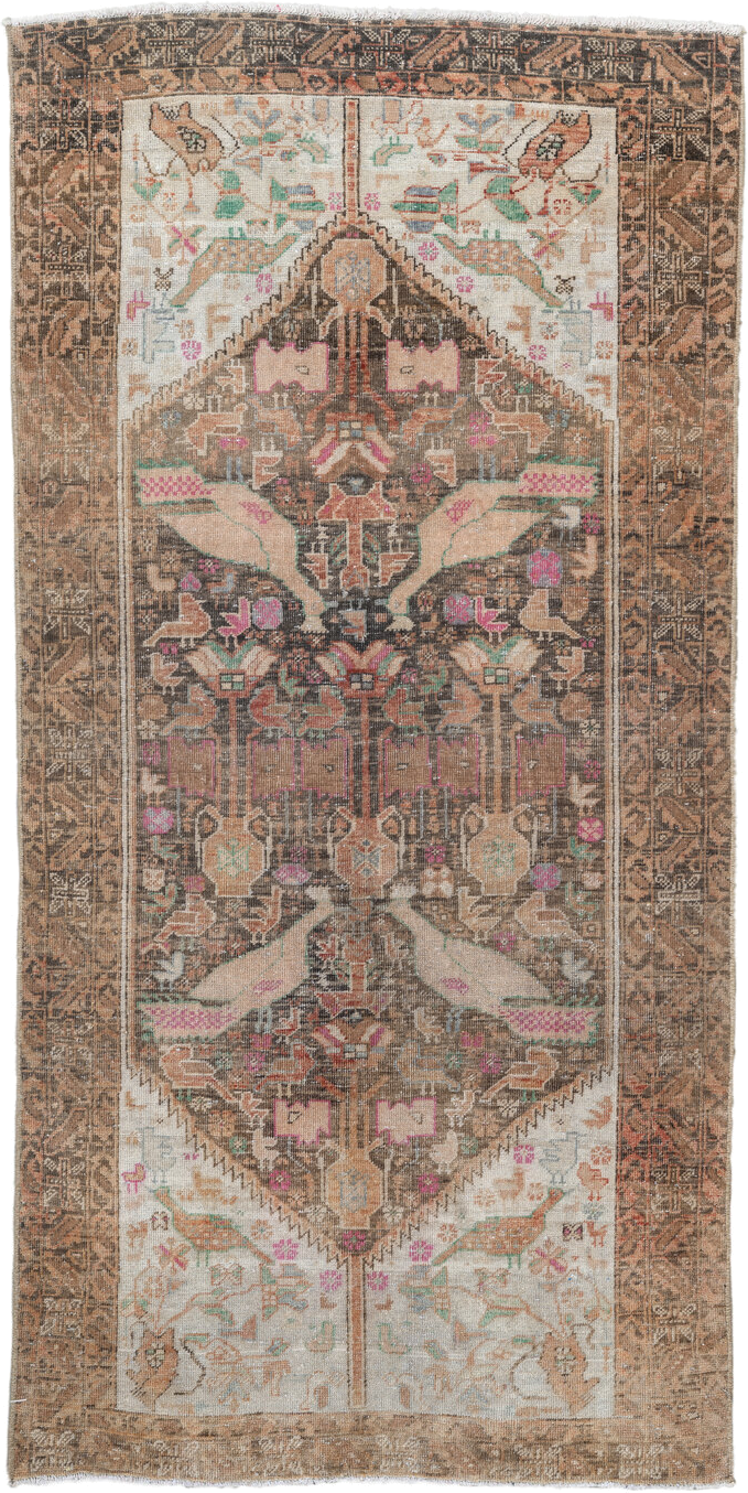 2' x 4' one-of-a-kind handmade vintage Belouch small size rug. Color palette: brown, ivory, camel, rose, aqua, taupe