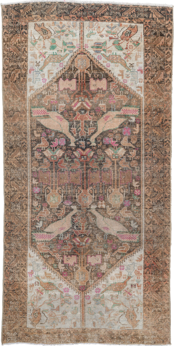 2' x 4' one-of-a-kind handmade vintage Belouch small size rug. Color palette: brown, gray, light gray, off-white, pink