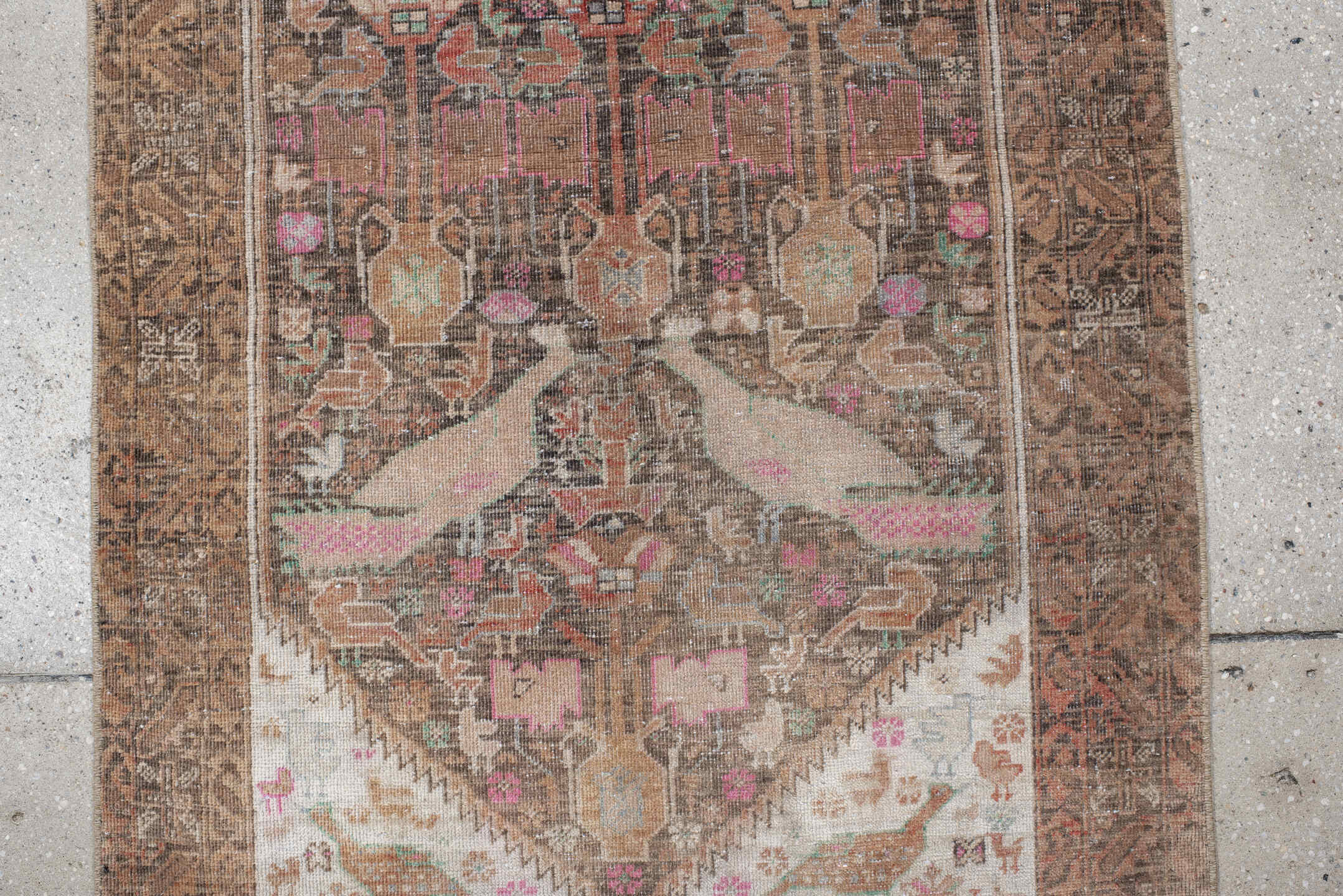 2' x 4' one-of-a-kind handmade vintage Belouch small size rug. Color palette: brown, ivory, camel, rose, aqua, taupe