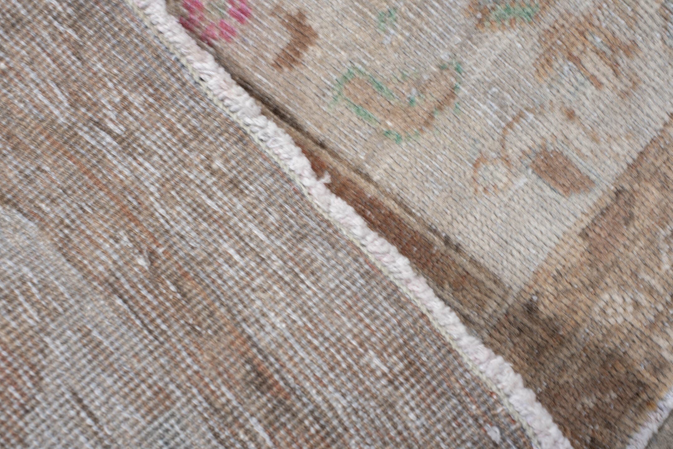 2' x 4' one-of-a-kind handmade vintage Belouch small size rug. Color palette: brown, ivory, camel, rose, aqua, taupe