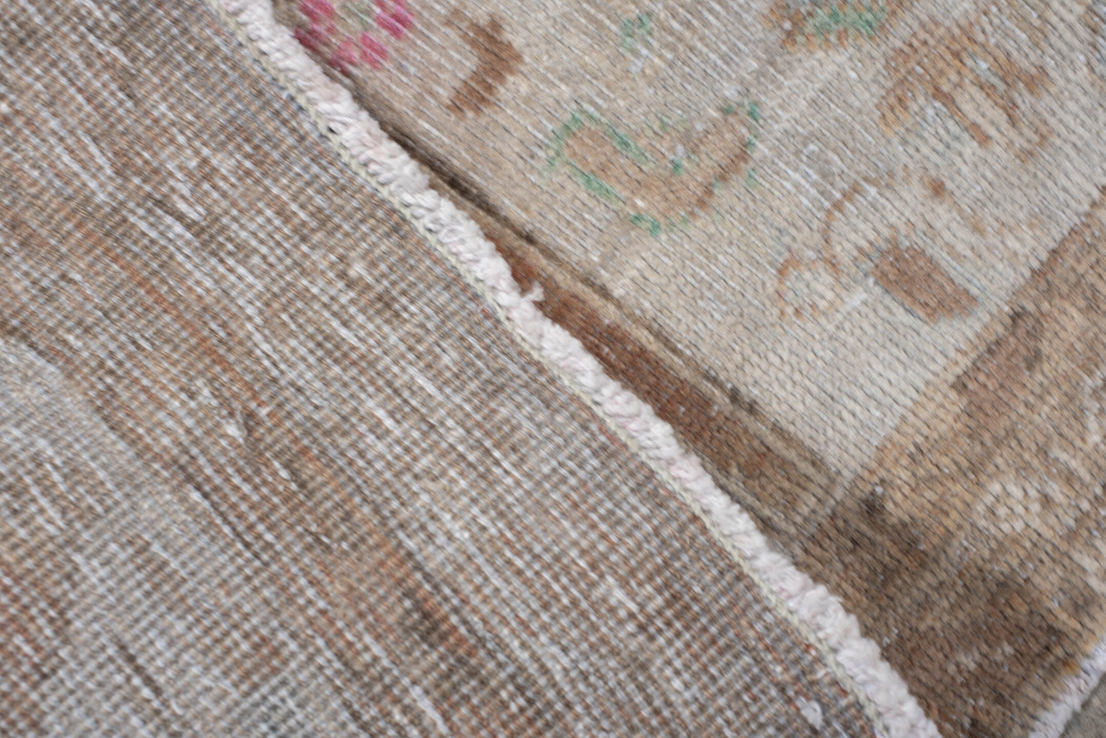 2' x 4' one-of-a-kind handmade vintage Belouch small size rug. Color palette: brown, ivory, camel, rose, aqua, taupe