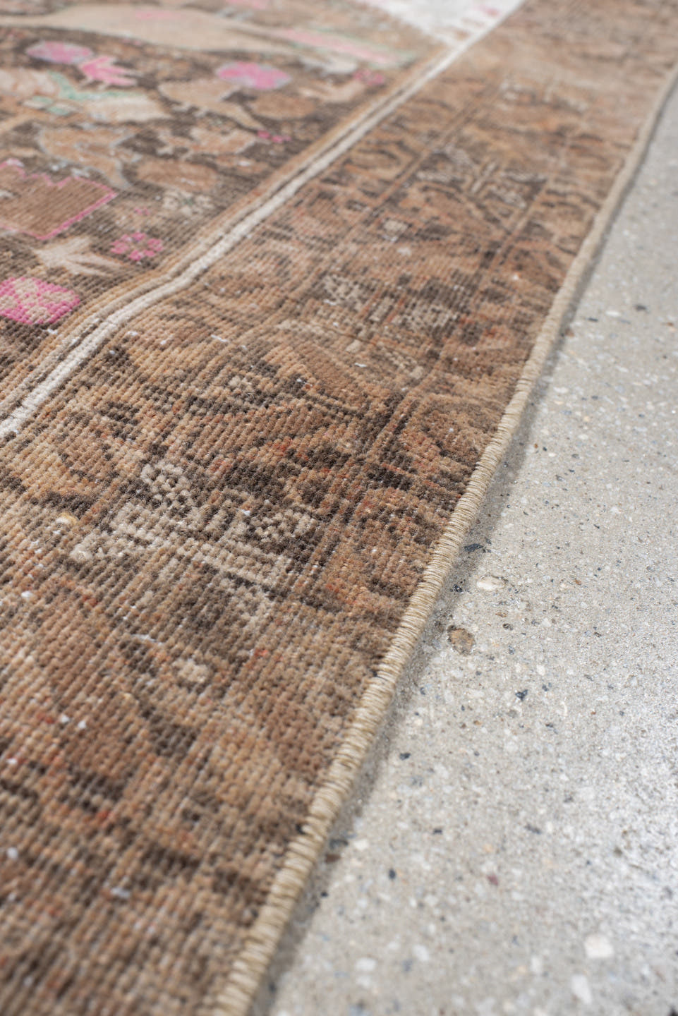 2' x 4' one-of-a-kind handmade vintage Belouch small size rug. Color palette: brown, ivory, camel, rose, aqua, taupe