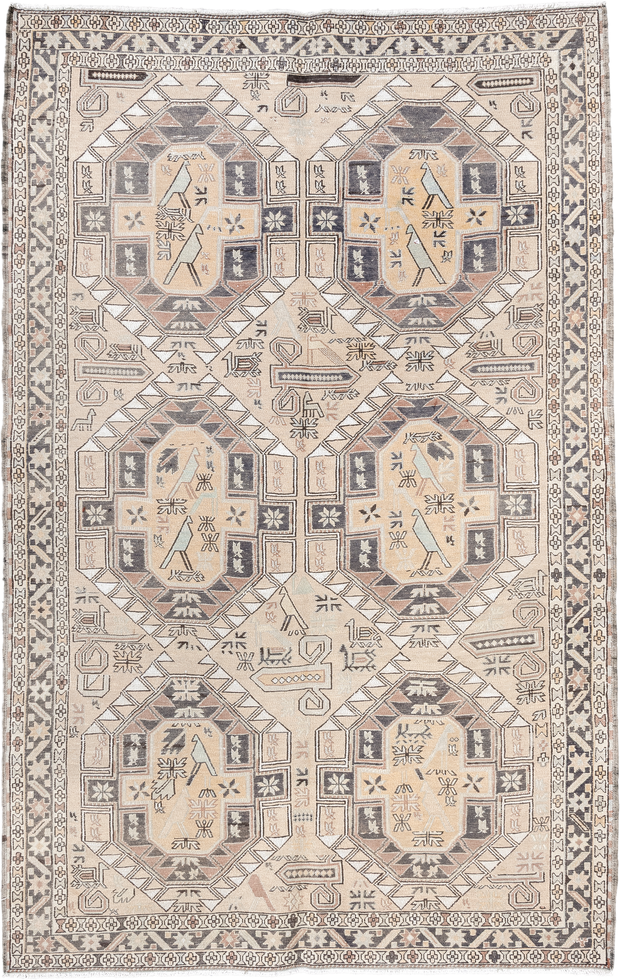 4' x 6' one-of-a-kind handmade antique Sumak small size rug. Color palette: ivory, taupe, slate, camel, blush, charcoal