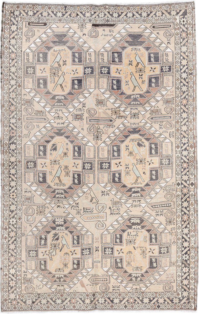 4' x 6' one-of-a-kind handmade antique Sumak small size rug. Color palette: ivory, taupe, slate, camel, blush, charcoal