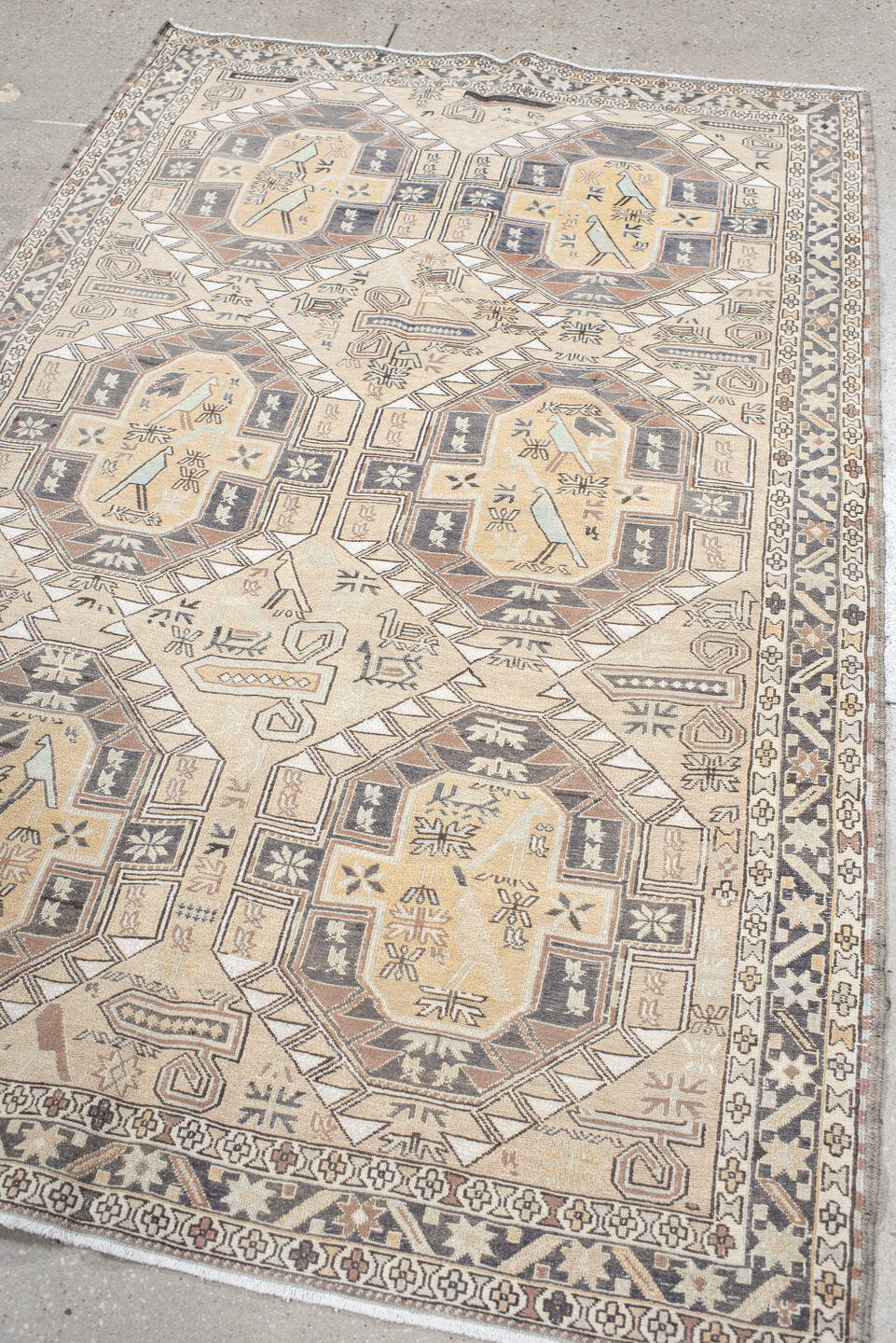 4' x 6' one-of-a-kind handmade antique Sumak small size rug. Color palette: ivory, taupe, slate, camel, blush, charcoal
