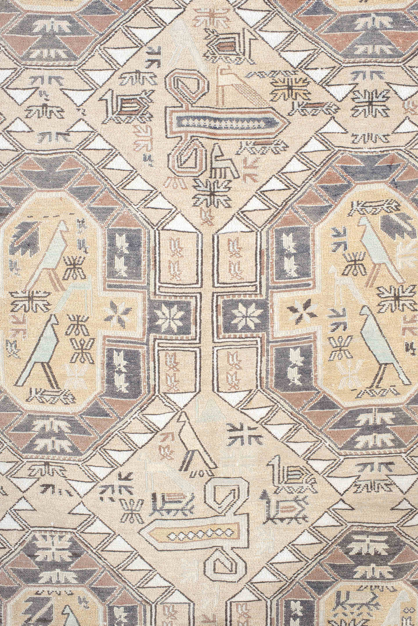 4' x 6' one-of-a-kind handmade antique Sumak small size rug. Color palette: ivory, taupe, slate, camel, blush, charcoal