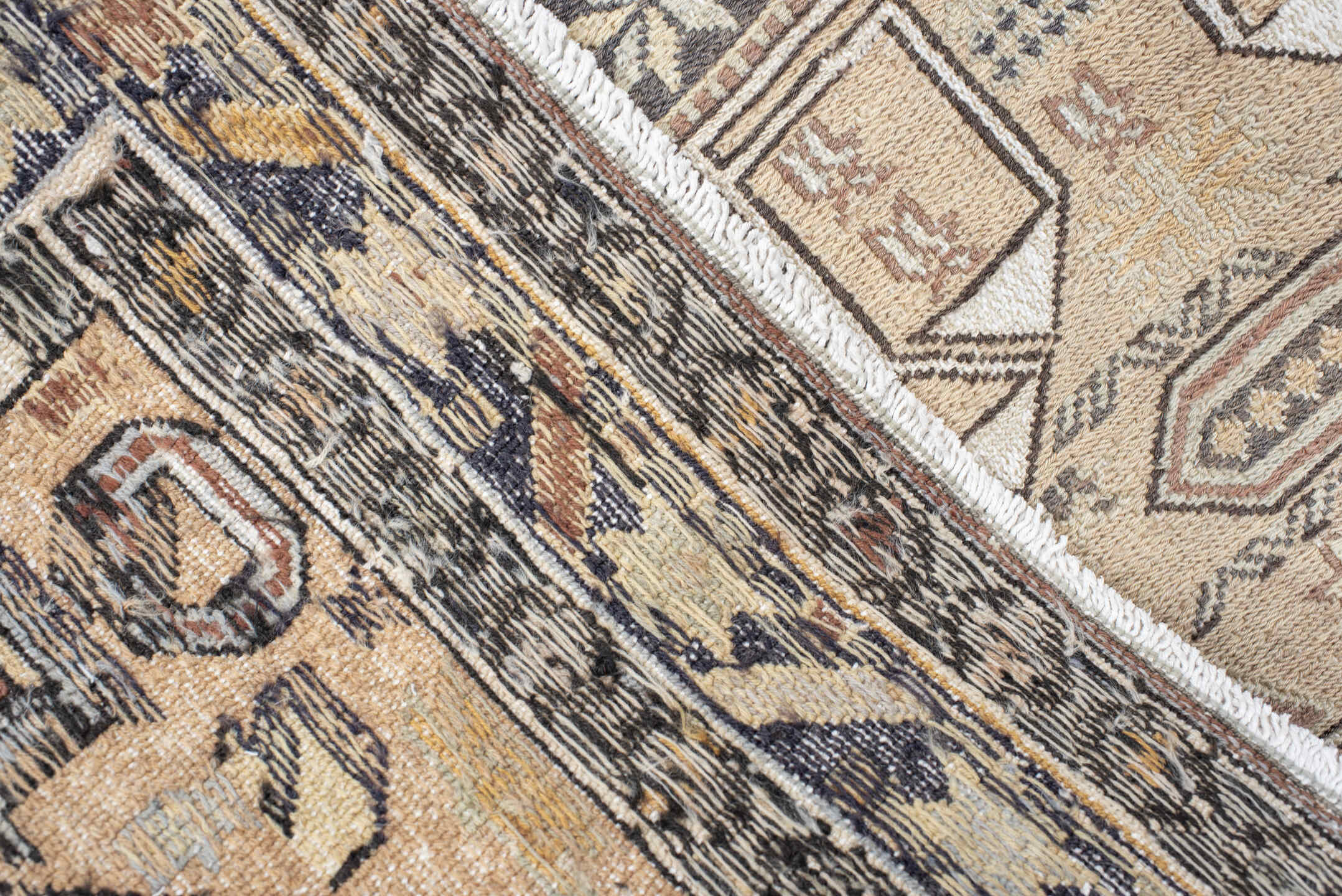 4' x 6' one-of-a-kind handmade antique Sumak small size rug. Color palette: ivory, taupe, slate, camel, blush, charcoal
