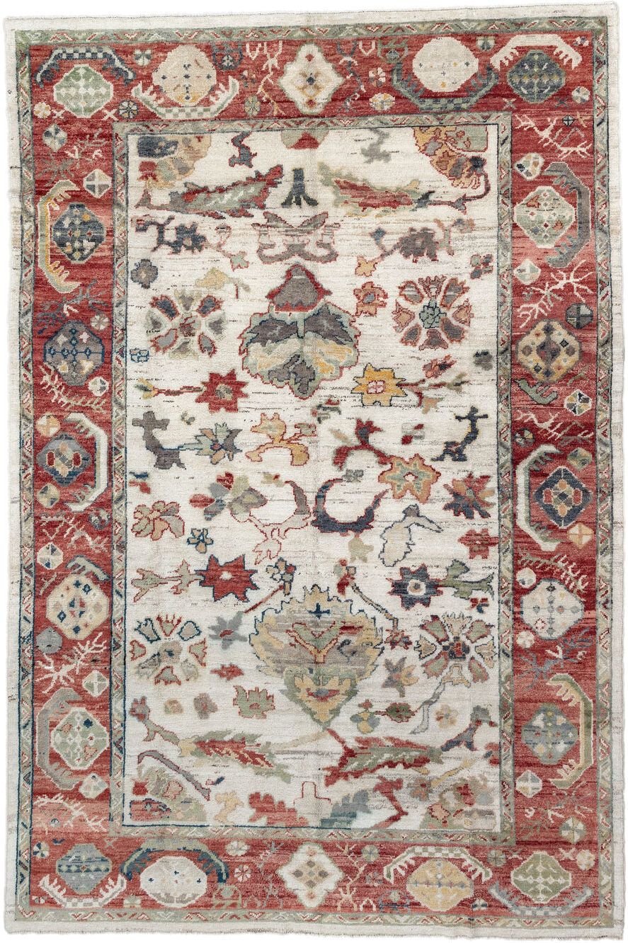 8' x 12' one-of-a-kind handmade vintage Oushak large size rug. Color palette: ivory, rust, sage, slate_blue, gold, coral
