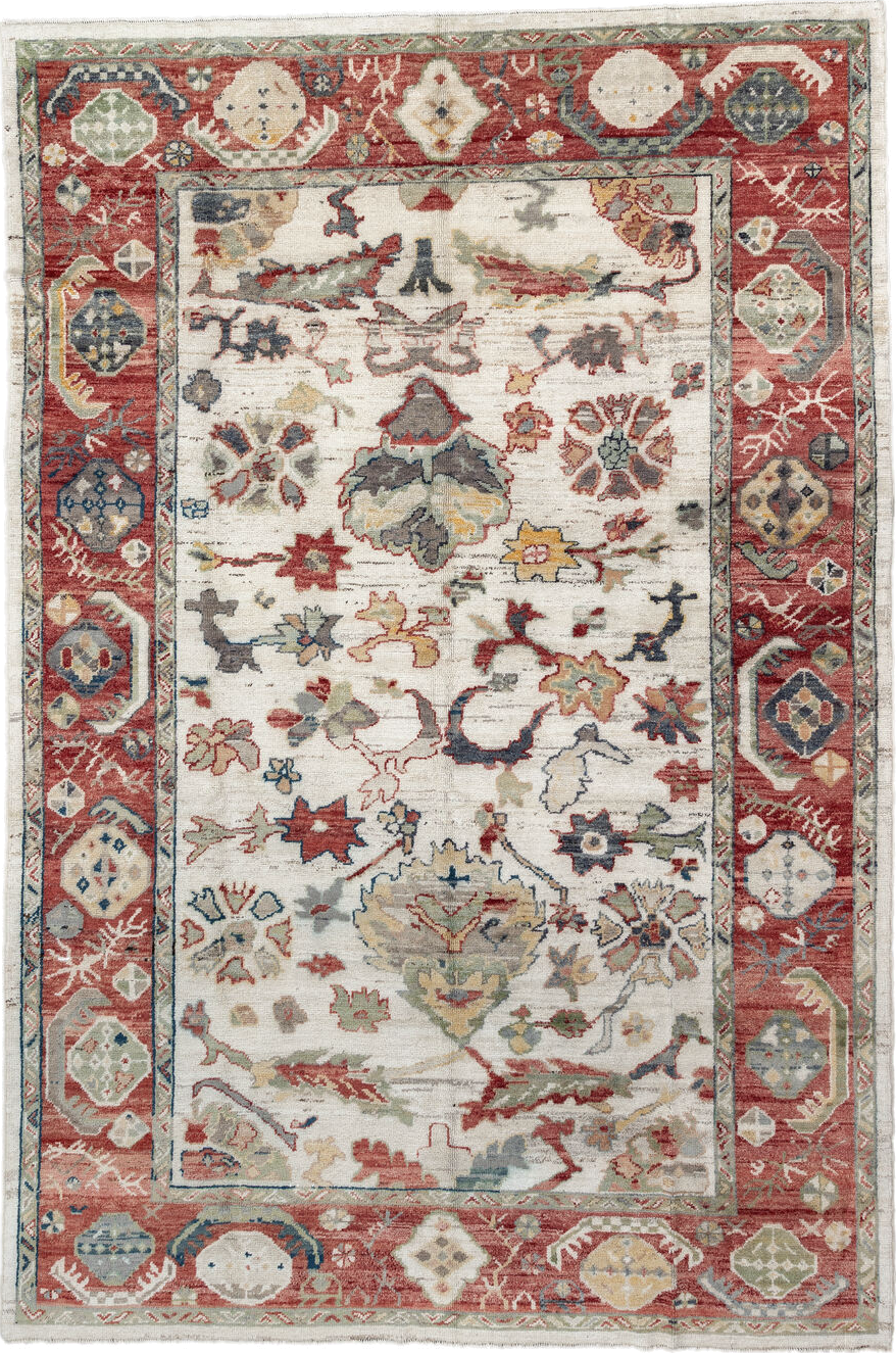 8' x 12' one-of-a-kind handmade vintage Oushak large size rug. Color palette: antiquewhite, blue, brown, dim gray, gray