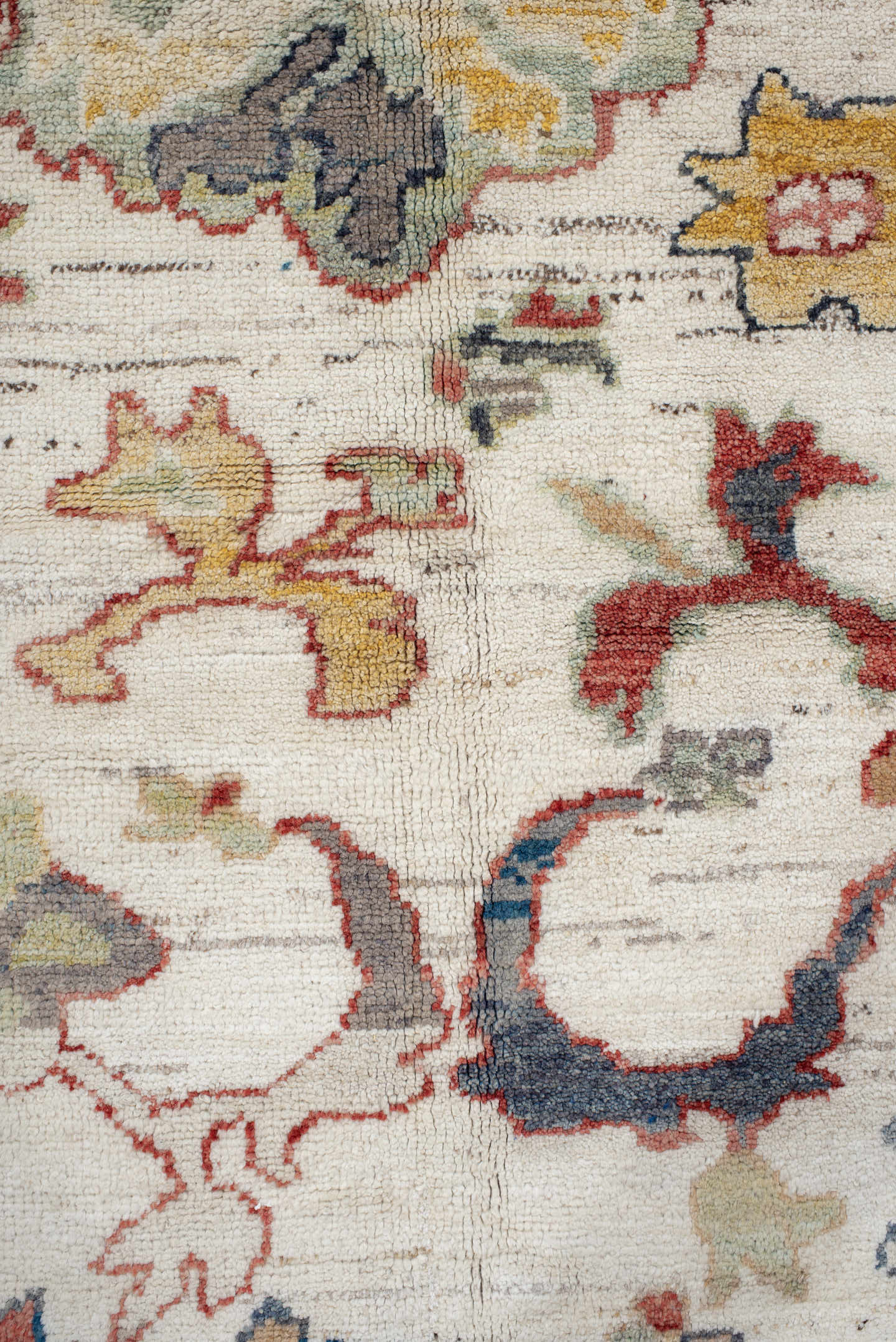 8' x 12' one-of-a-kind handmade vintage Oushak large size rug. Color palette: ivory, rust, sage, slate_blue, gold, coral