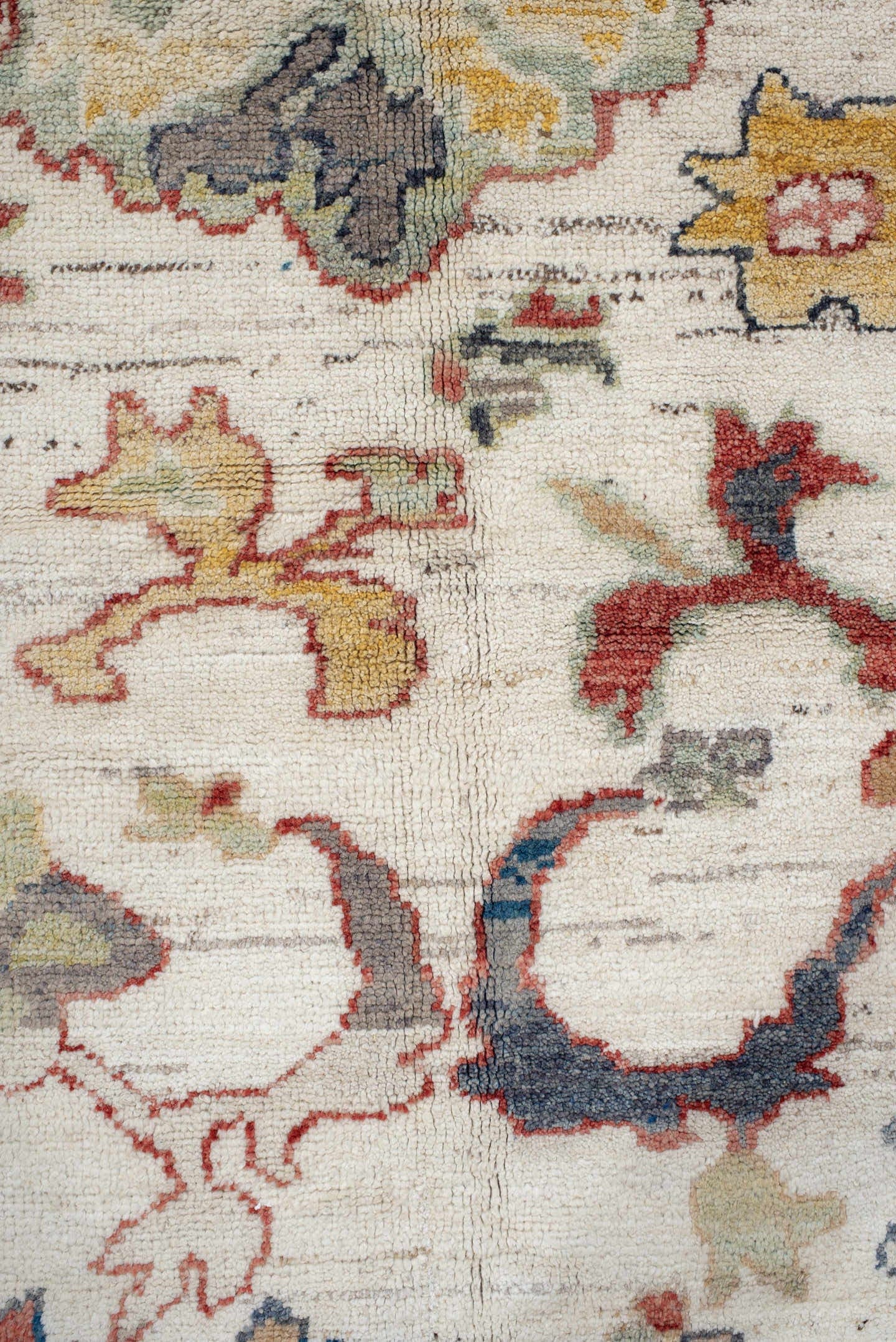 8' x 12' one-of-a-kind handmade vintage Oushak large size rug. Color palette: ivory, rust, sage, slate_blue, gold, coral