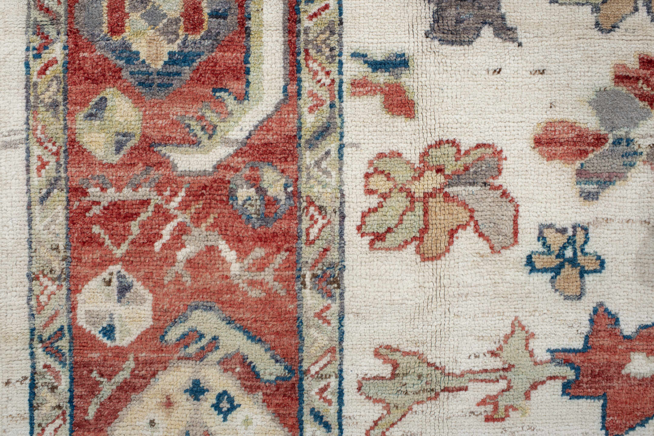 8' x 12' one-of-a-kind handmade vintage Oushak large size rug. Color palette: ivory, rust, sage, slate_blue, gold, coral