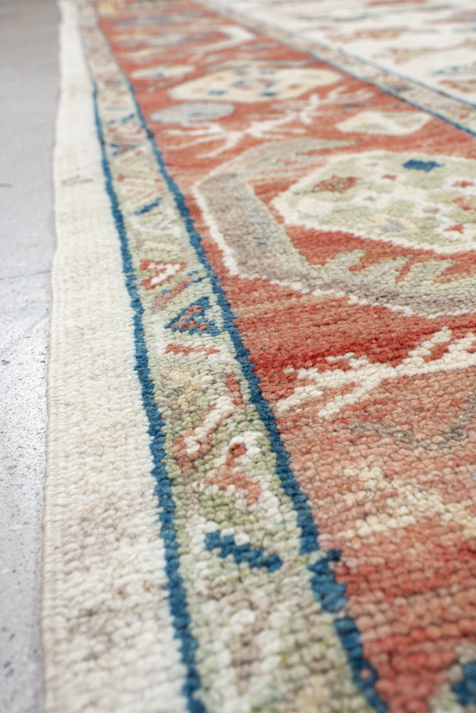 8' x 12' one-of-a-kind handmade vintage Oushak large size rug. Color palette: ivory, rust, sage, slate_blue, gold, coral