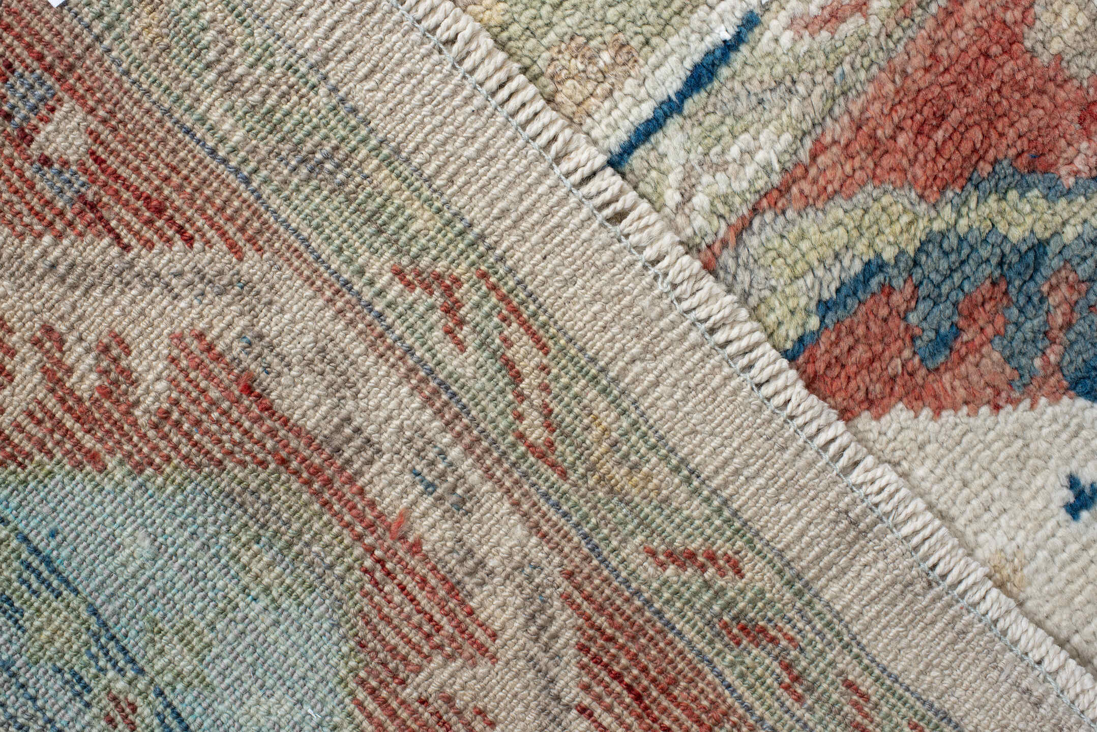 8' x 12' one-of-a-kind handmade vintage Oushak large size rug. Color palette: ivory, rust, sage, slate_blue, gold, coral