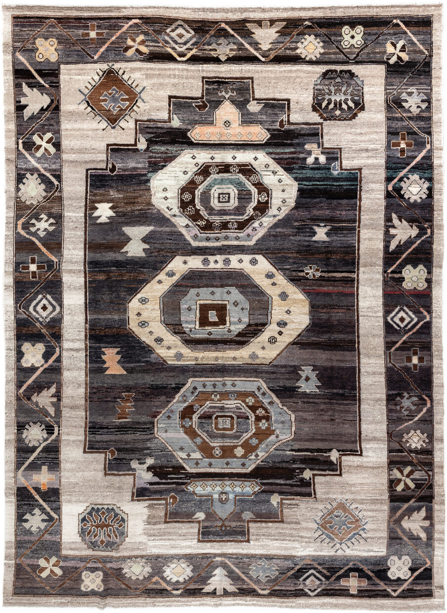 10' x 13' one-of-a-kind handmade vintage Kars large size rug. Color palette: ivory, charcoal, taupe, brown, slate, camel