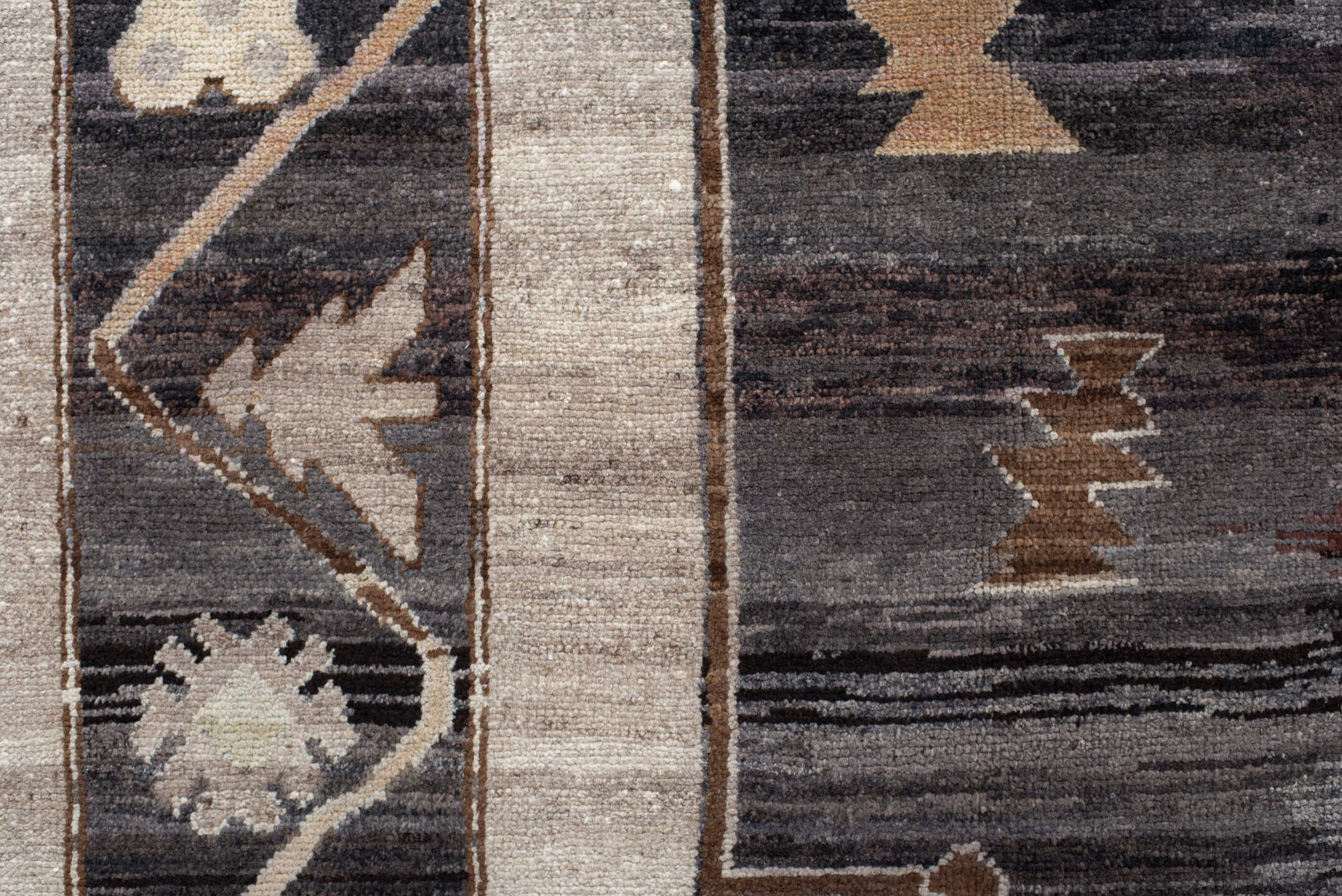 10' x 13' one-of-a-kind handmade vintage Kars large size rug. Color palette: ivory, charcoal, taupe, brown, slate, camel