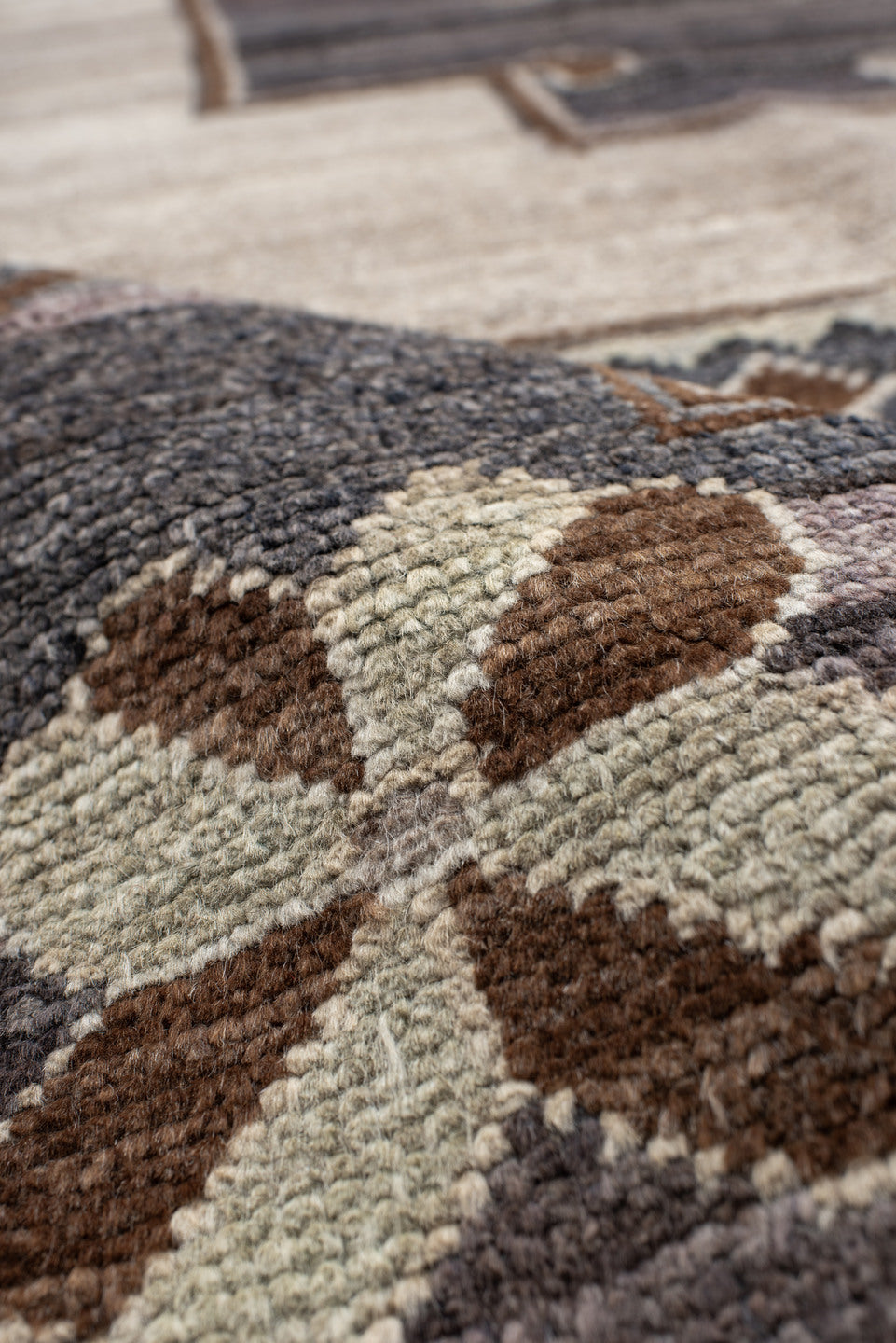 10' x 13' one-of-a-kind handmade vintage Kars large size rug. Color palette: ivory, charcoal, taupe, brown, slate, camel