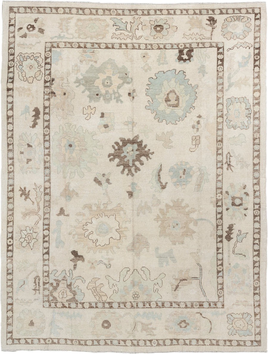 9' x 12' one-of-a-kind handmade vintage Oushak large size rug. Color palette: ivory, cream, taupe, sky_blue, brown, beige