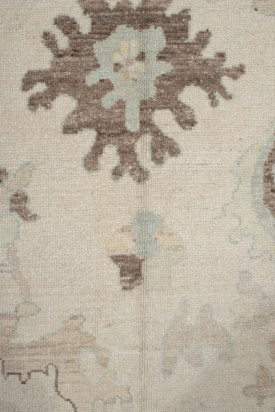 9' x 12' one-of-a-kind handmade vintage Oushak large size rug. Color palette: ivory, cream, taupe, sky_blue, brown, beige