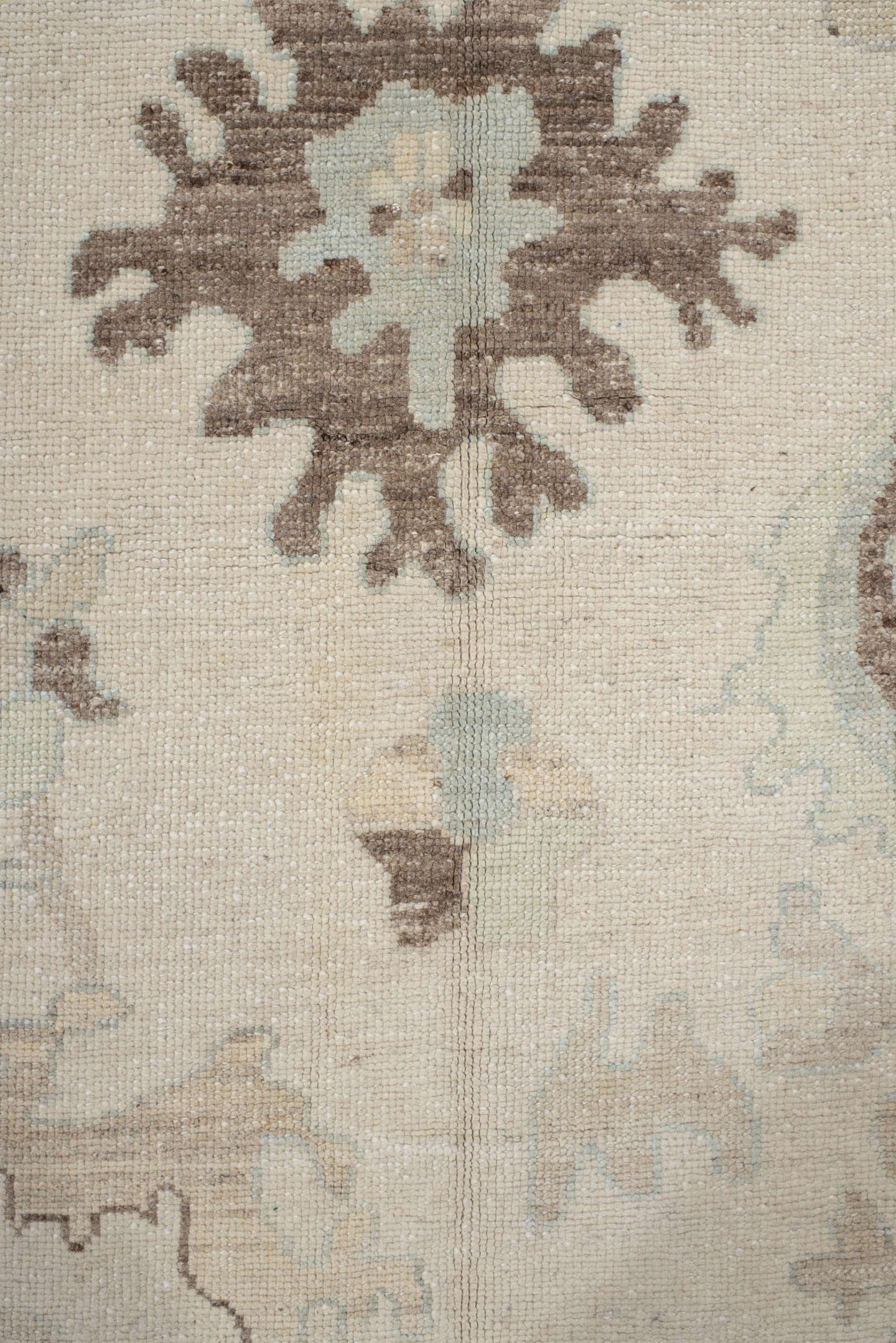 9' x 12' one-of-a-kind handmade vintage Oushak large size rug. Color palette: ivory, cream, taupe, sky_blue, brown, beige